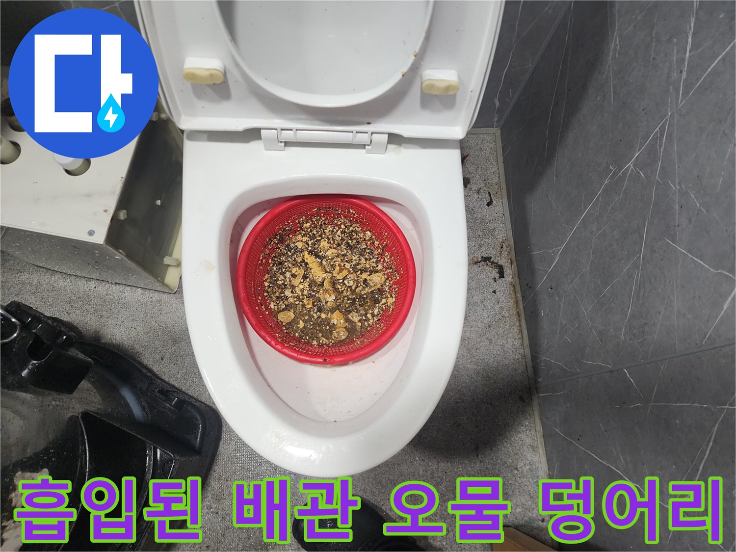 변기 거름망에 모인-잘게 부서진 배관 슬러지 잔해