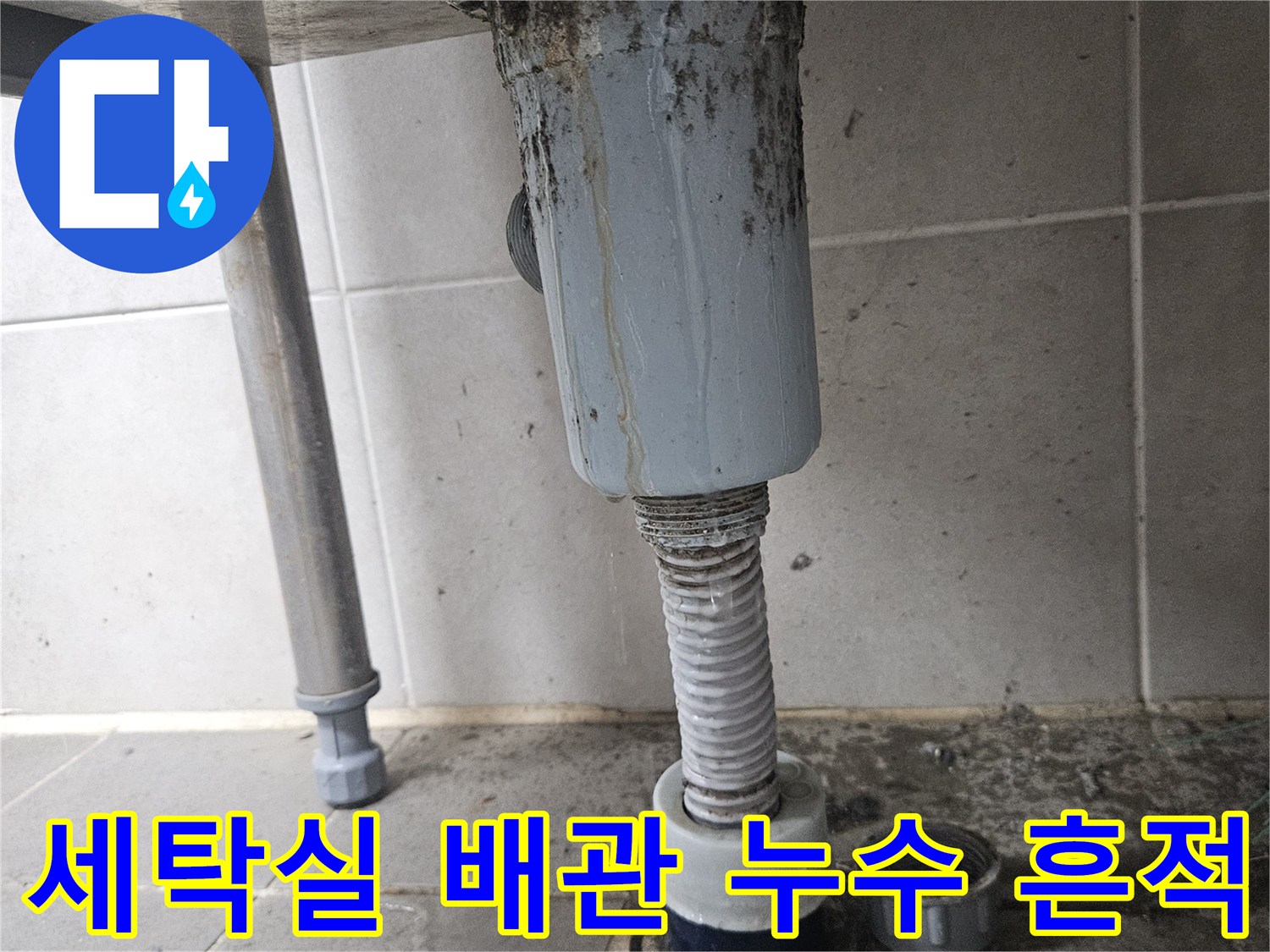 물샘 현상이 발견된-세탁실 배관 및 타일 부위