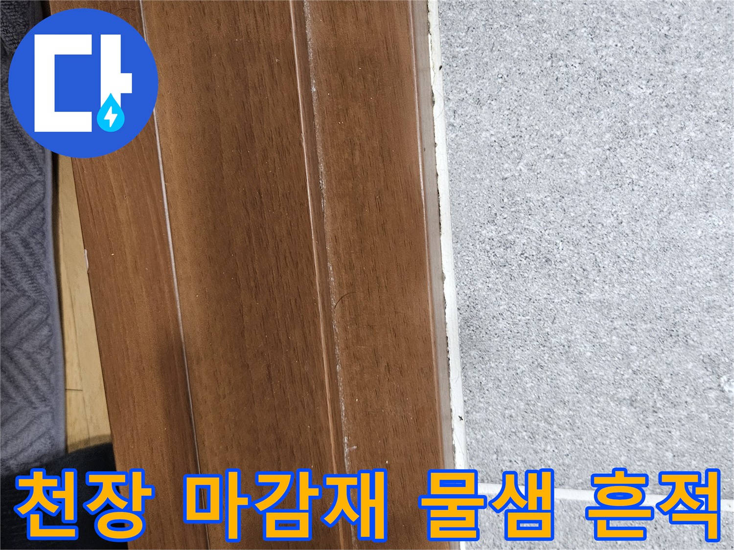 동작구 사당동 현장의 천장 마감재와 걸레받이 부위 누수 변색 상태