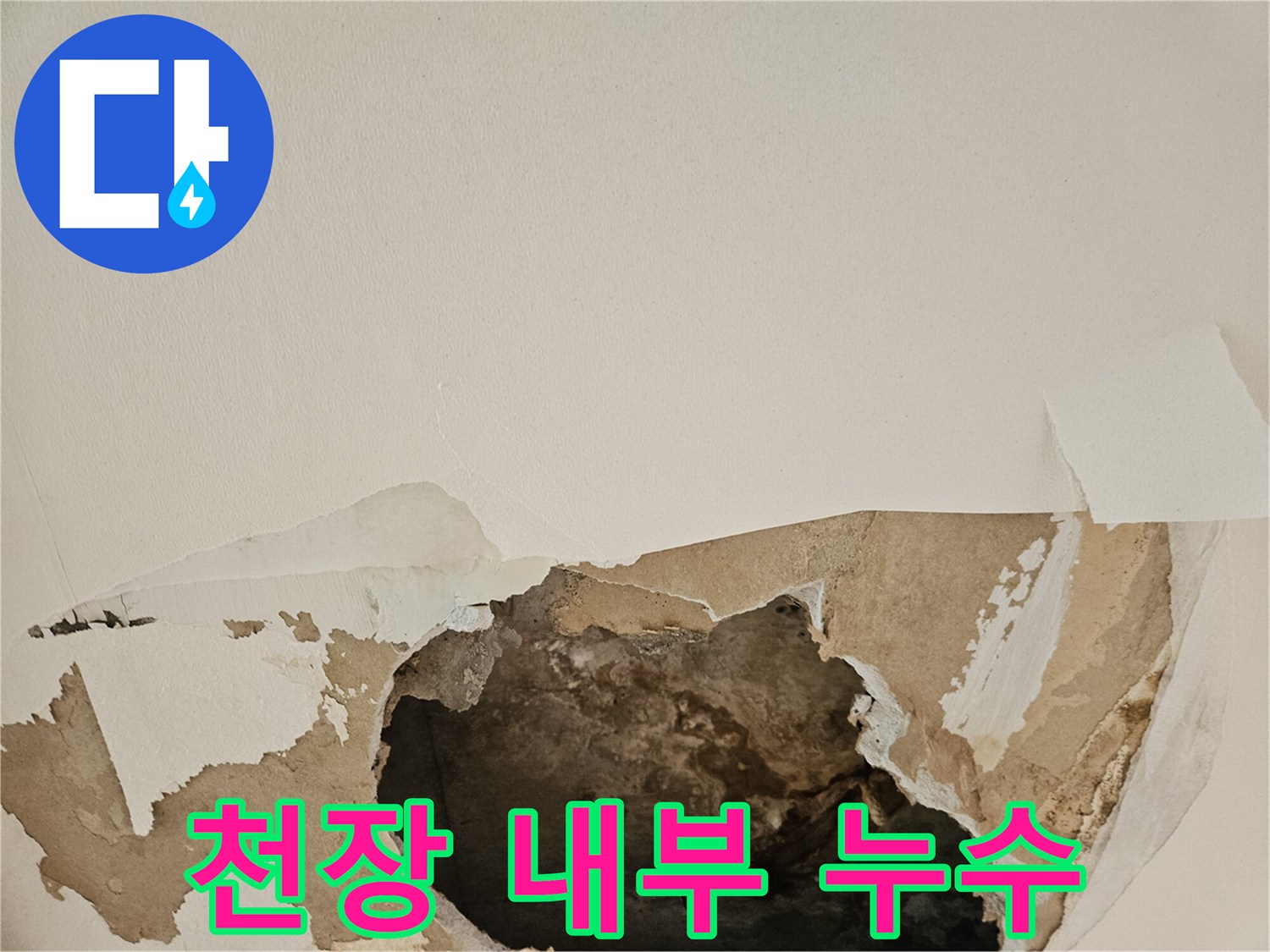 천장 절개 후 보이는 젖은 내부 구조물과 마감재