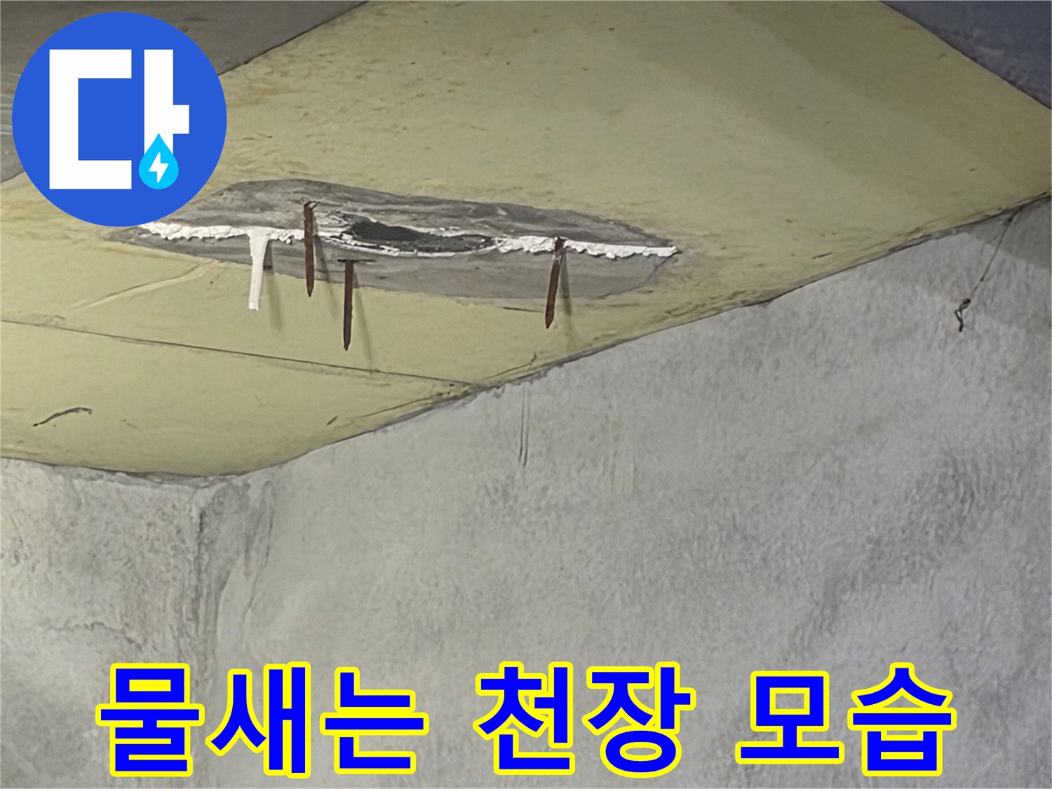 오래된 누수로 인해-천장 마감재가 떨어지고-벽면까지 젖어있는-심각한 피해 상황을 보여줍니다