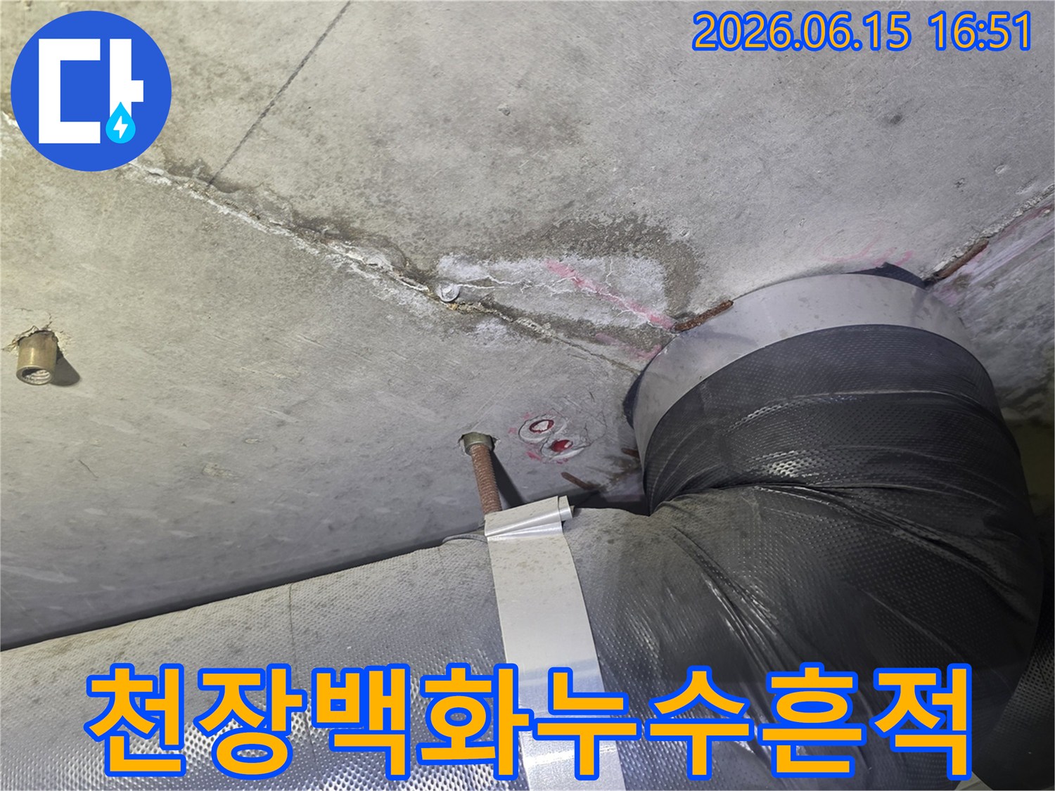 콘크리트 천장에-하얗게 피어난-백화 현상과-오랜 시간-진행된 듯한-누수 자국-그리고 배관 주변의-습기