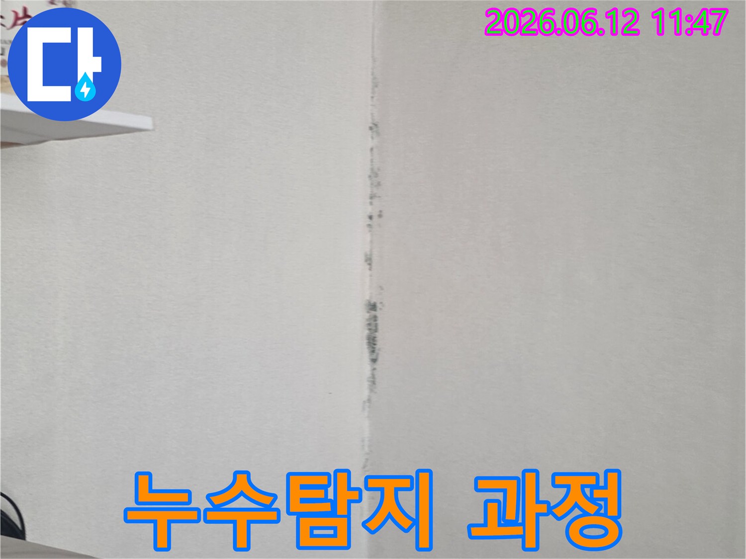천장 모서리에 검은 곰팡이가 번져 있어-전문적인 누수탐지 과정을 통해 원인을 찾아야 함을 보여줍니다.