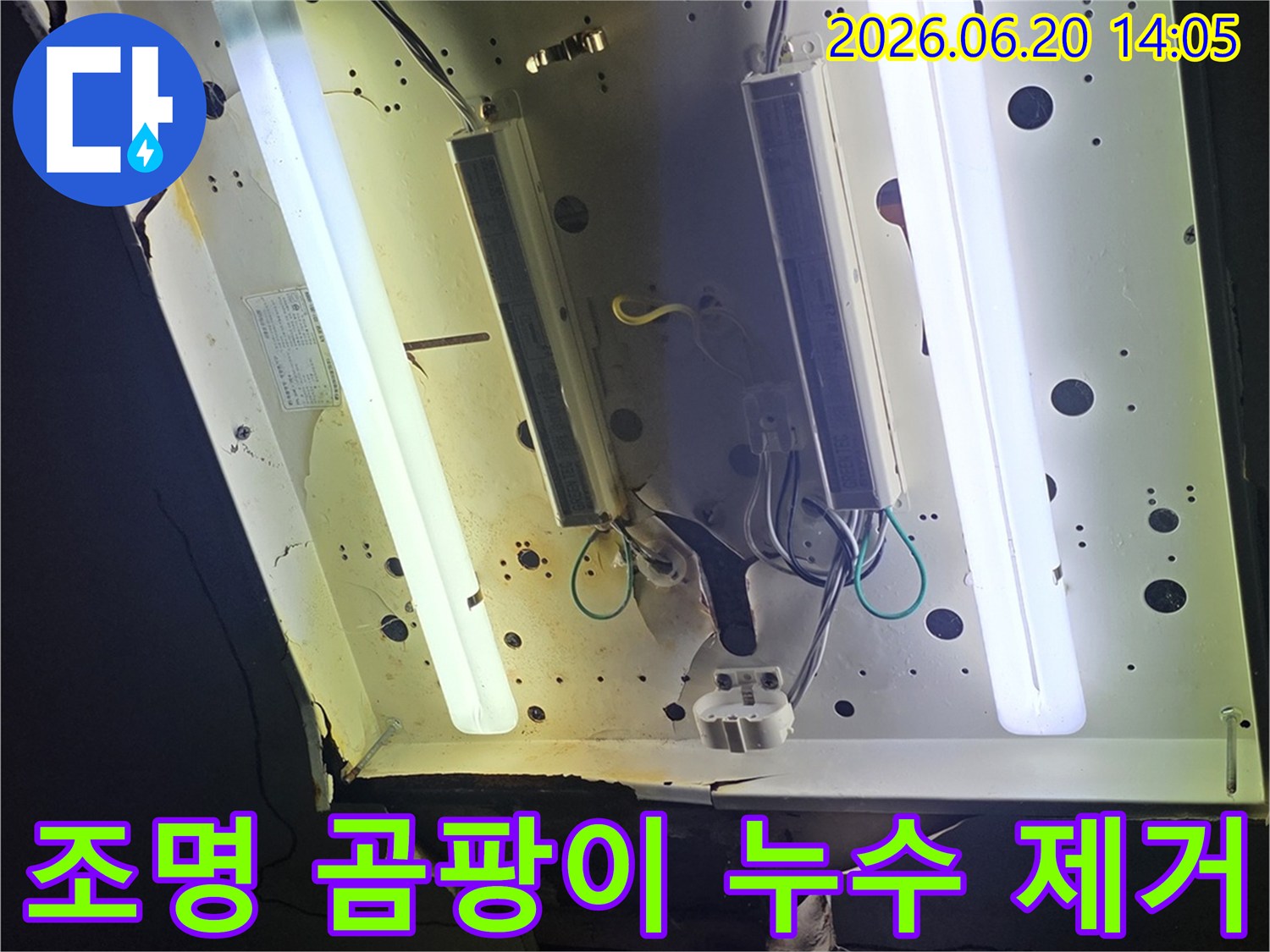 천장 조명 주변에-곰팡이가 발생한-누수 현장과-그로 인한-피해를 보여주는 사진입니다.