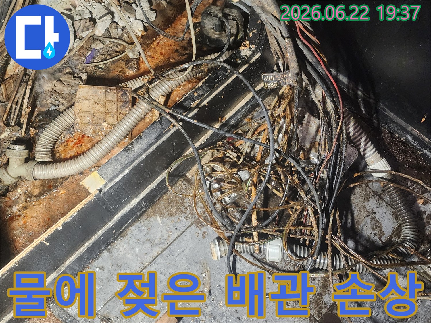 누수-엔지니어가-물에-젖어-부식된-배관과-전선이-복잡하게-얽혀있는-현장을-꼼꼼히-점검하고-있습니다