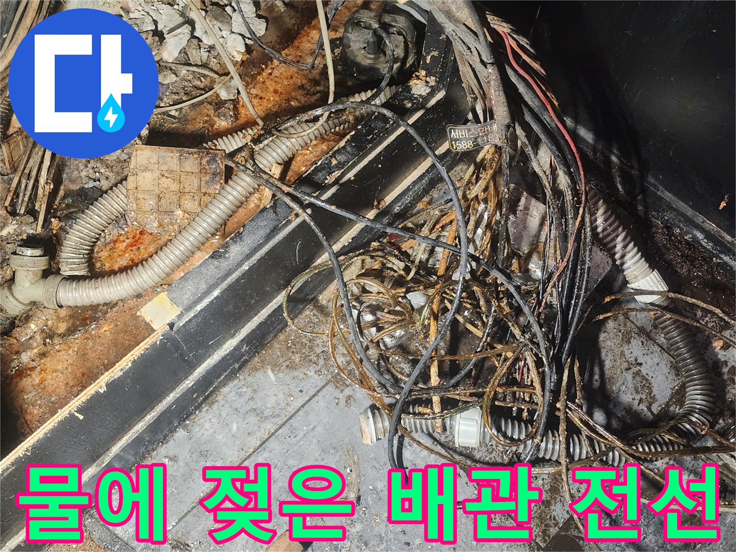 누수-엔지니어가-물에-젖어-부식된-배관과-전선이-복잡하게-얽혀있는-현장을-꼼꼼히-점검하고-있습니다