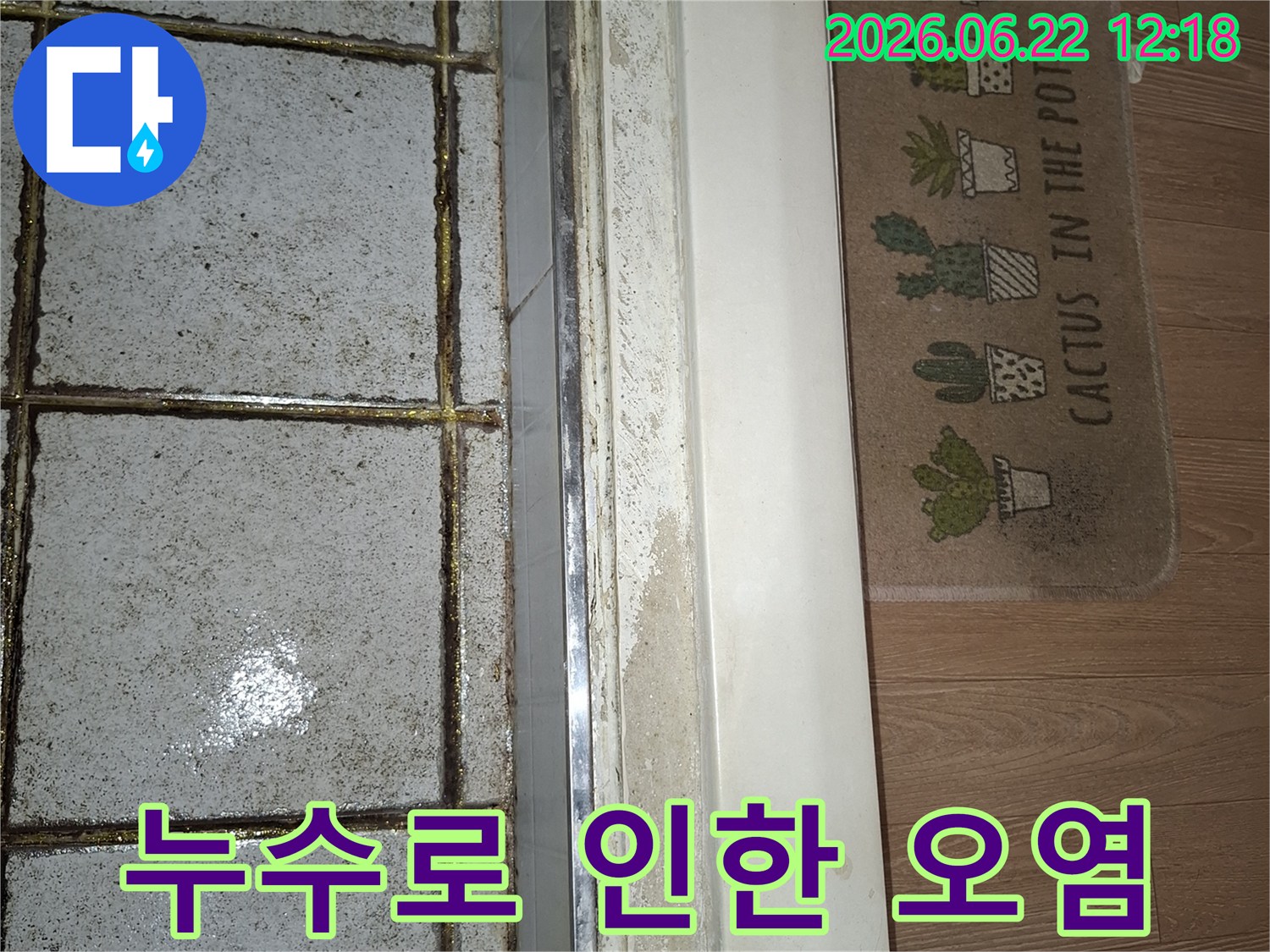 욕실 문턱 아래쪽으로 물이 스며들어 오염된 모습을 담은 현장 사진-누수 발생으로 인한 2차 피해가 우려되는 상황입니다