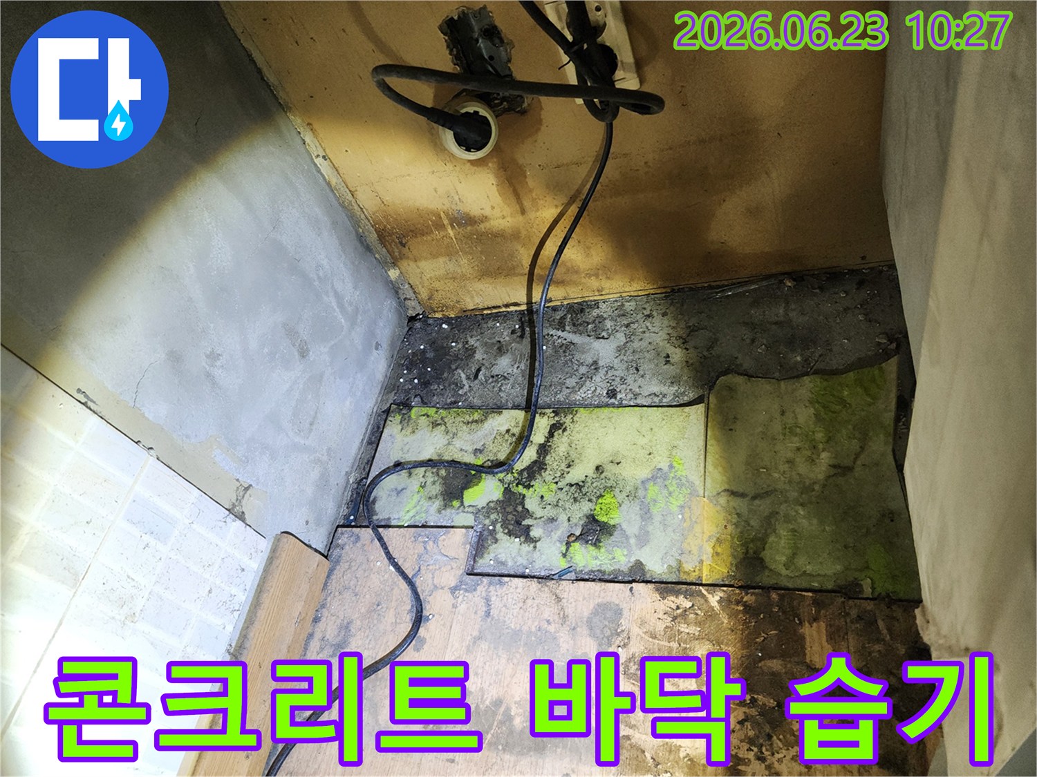 누수 발생으로-인해-젖어있는-콘크리트-바닥과-주변-전선-배치-상태를-촬영한-사진