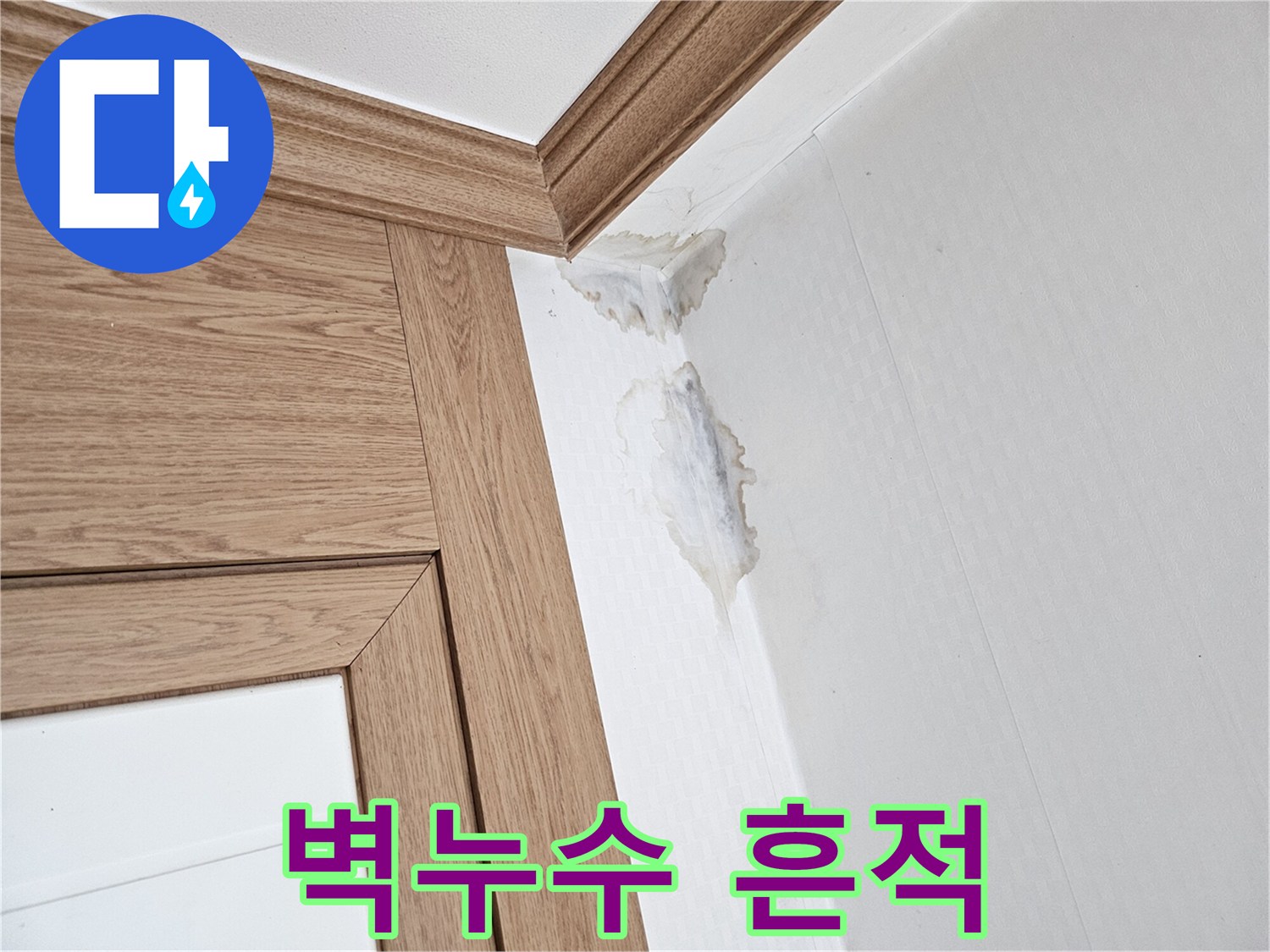 이 이미지는-벽과 천장 모서리에-누수로 인한-젖은 자국과-곰팡이가 생긴-모습을 보여줍니다.