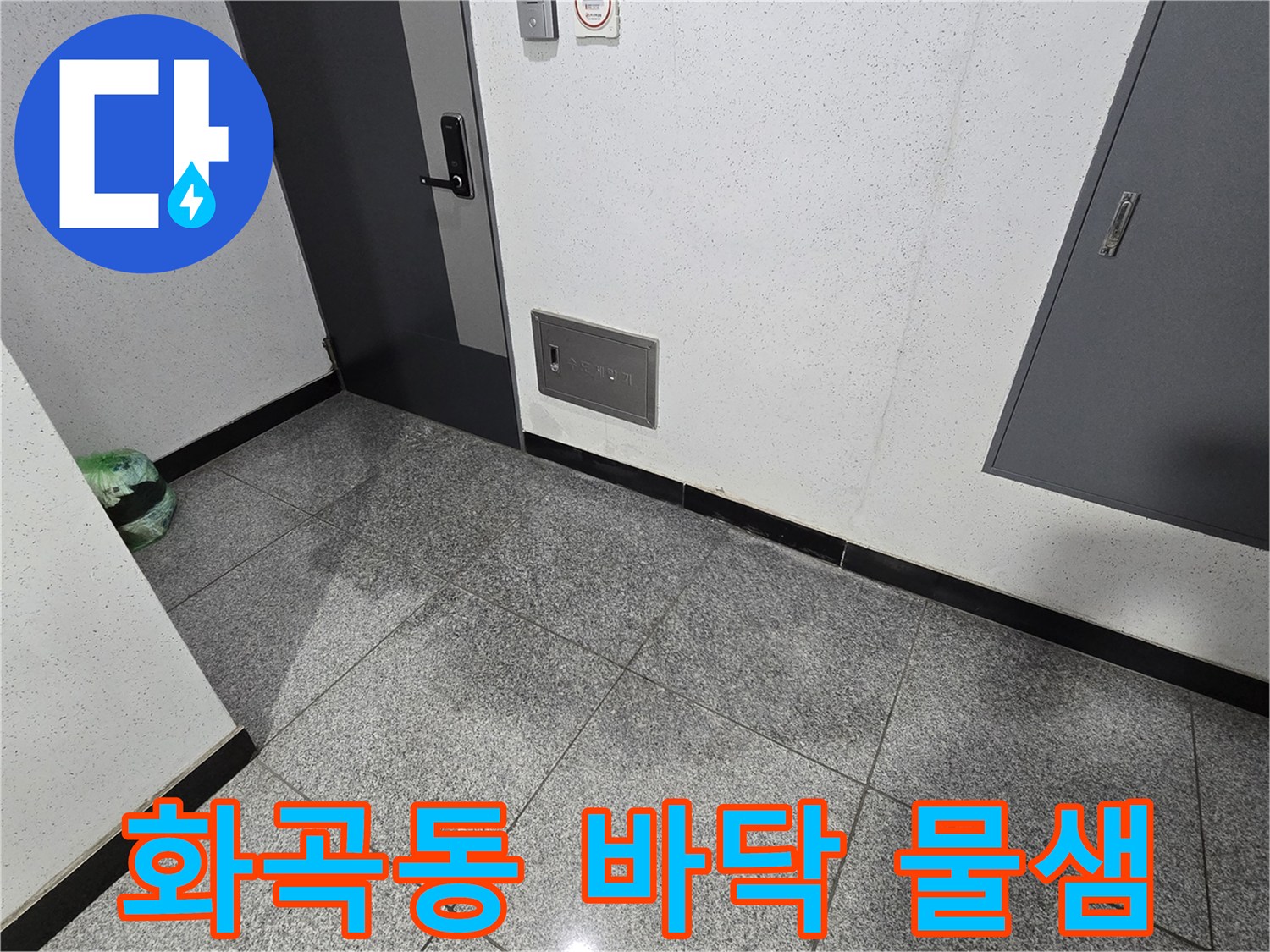 서울 강서구 화곡동의 한 아파트에서 바닥에 물이 고여있는 모습으로-누수 발생을 알리는 초기 징후입니다-전문가가 현장을 방문하여 면밀히 조사하고 있습니다.