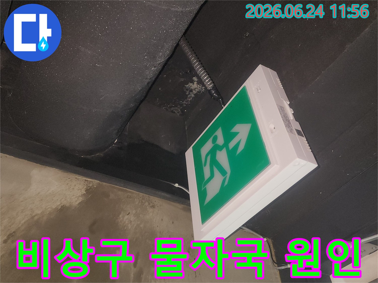 비상구 등기구 주변에 생긴 물자국을-저희 엔지니어가 면밀히 관찰하고 있습니다