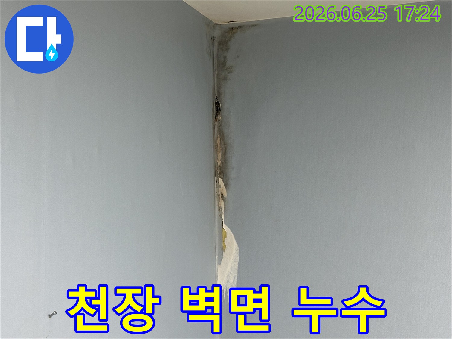 아파트-천장과-벽면-코너에서-발생한-누수로-인해-벽지가-젖고-심한-곰팡이가-피어난-손상-현장을-보여주는-사진입니다
