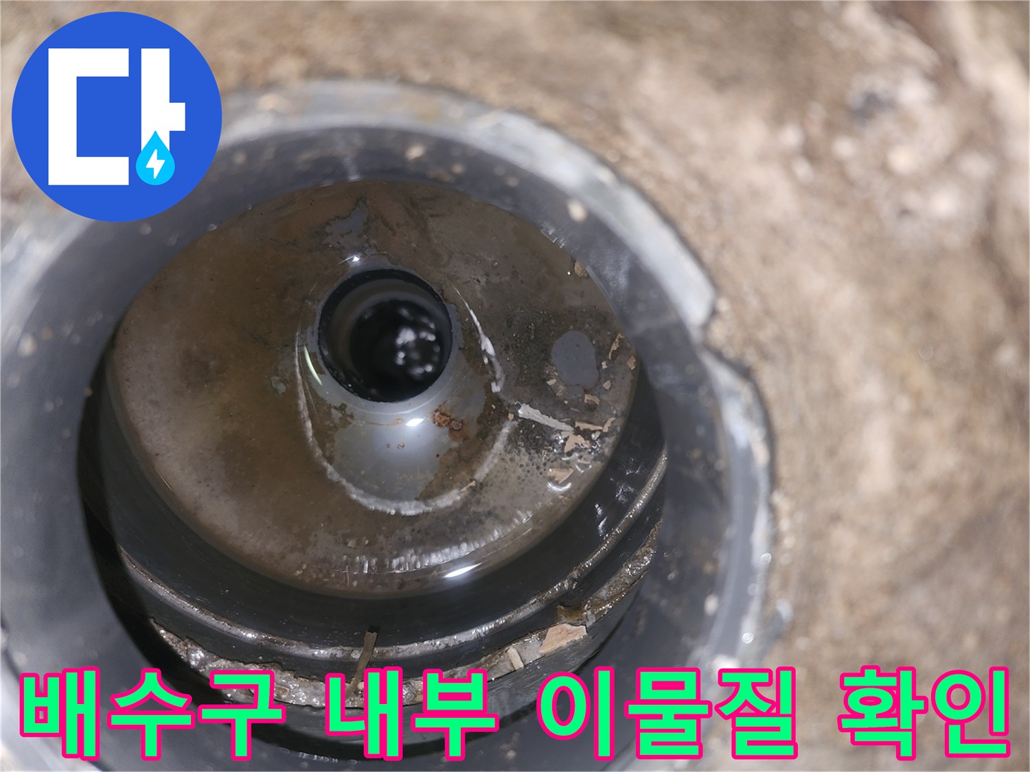 욕실 배수구 유가 내부에 쌓인 이물질과 오염된 상태를 보여주는 사진