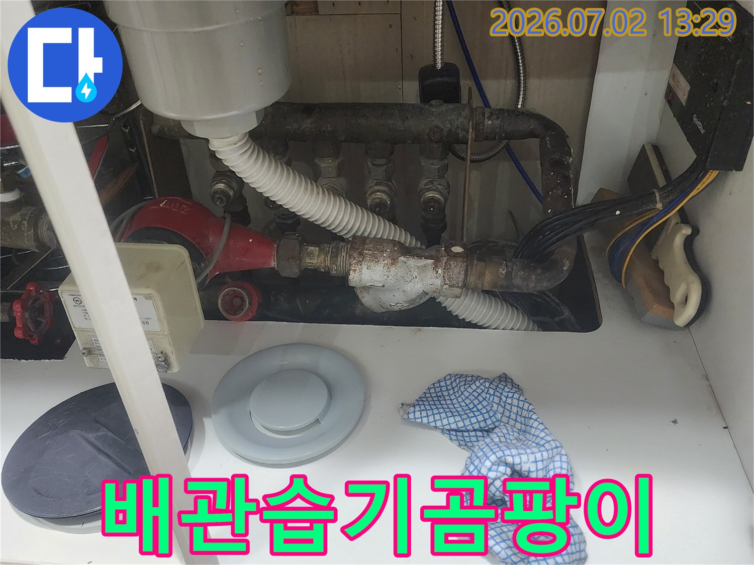 울산 우정동 현장에서-배관 주변의 습기와 곰팡이 발생이-누수와 관련이 있는지-진단하는 모습입니다
