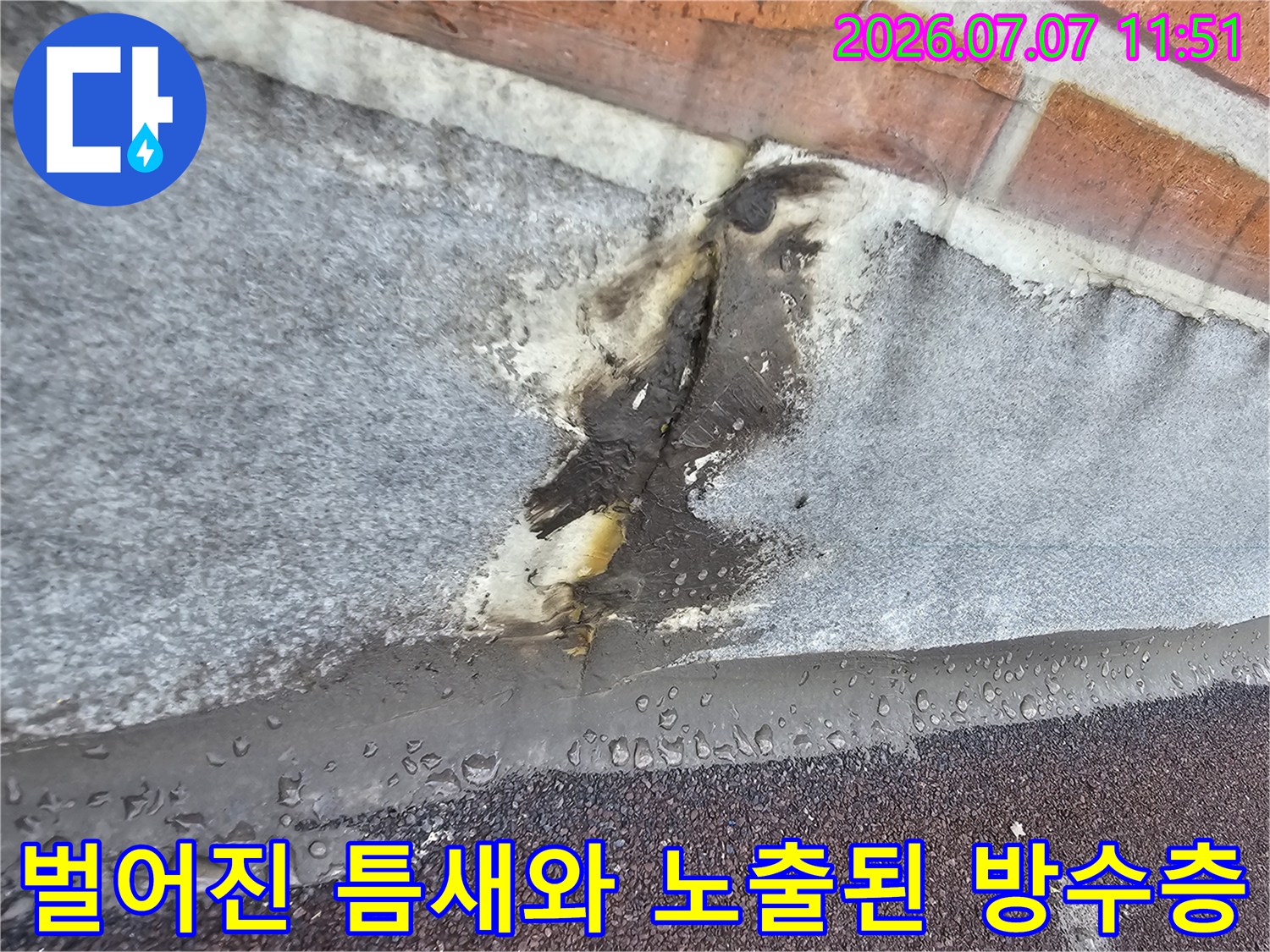 벌어지고 부풀어 오른 외벽 마감재 사이의 손상부