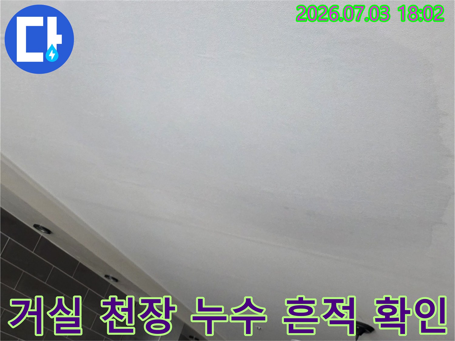 거실 천장에 발생한 대형 누수 얼룩과 변색 부위 촬영