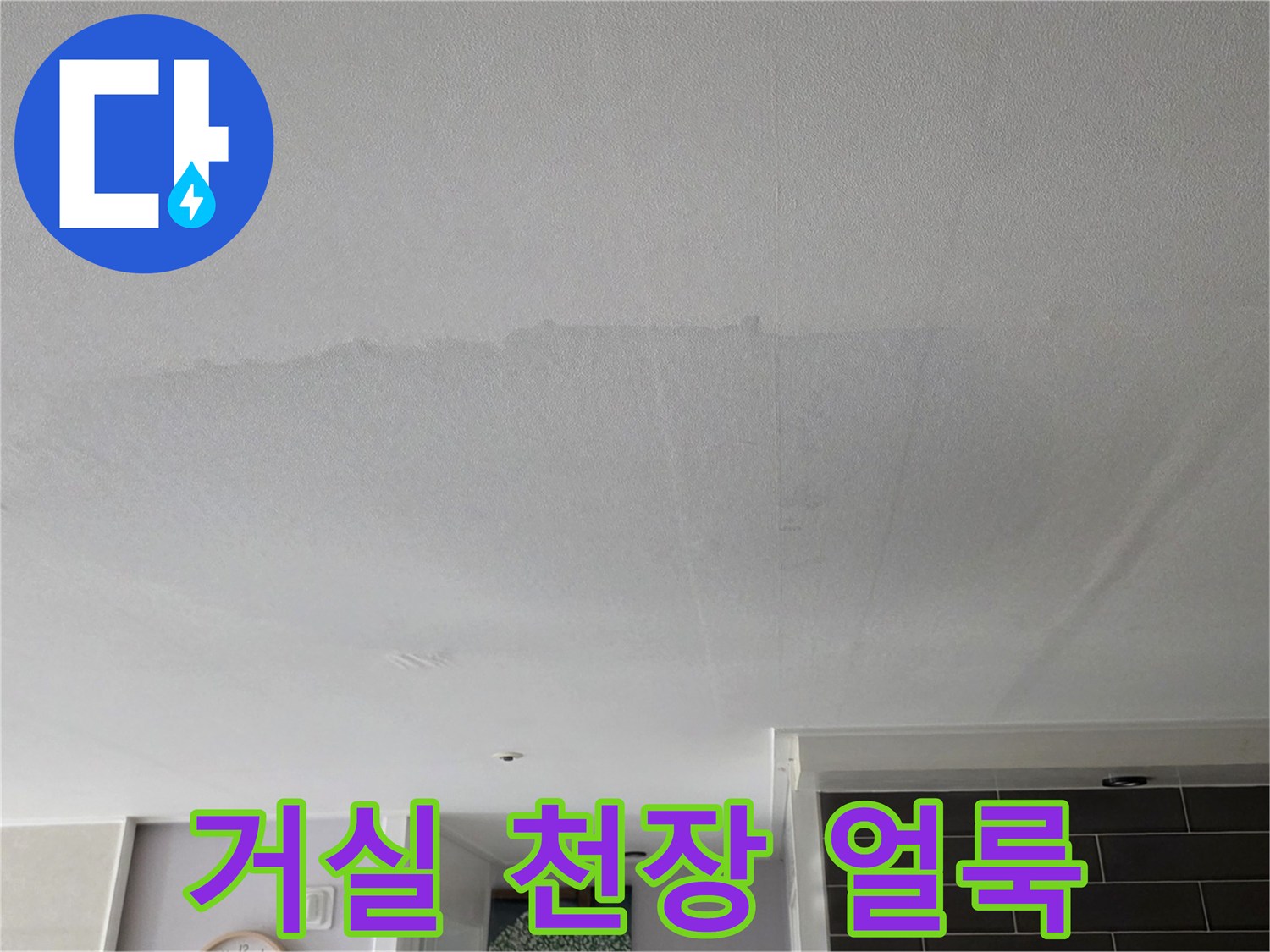 물기가 스며들어 넓게 퍼진 천장 마감재 상태