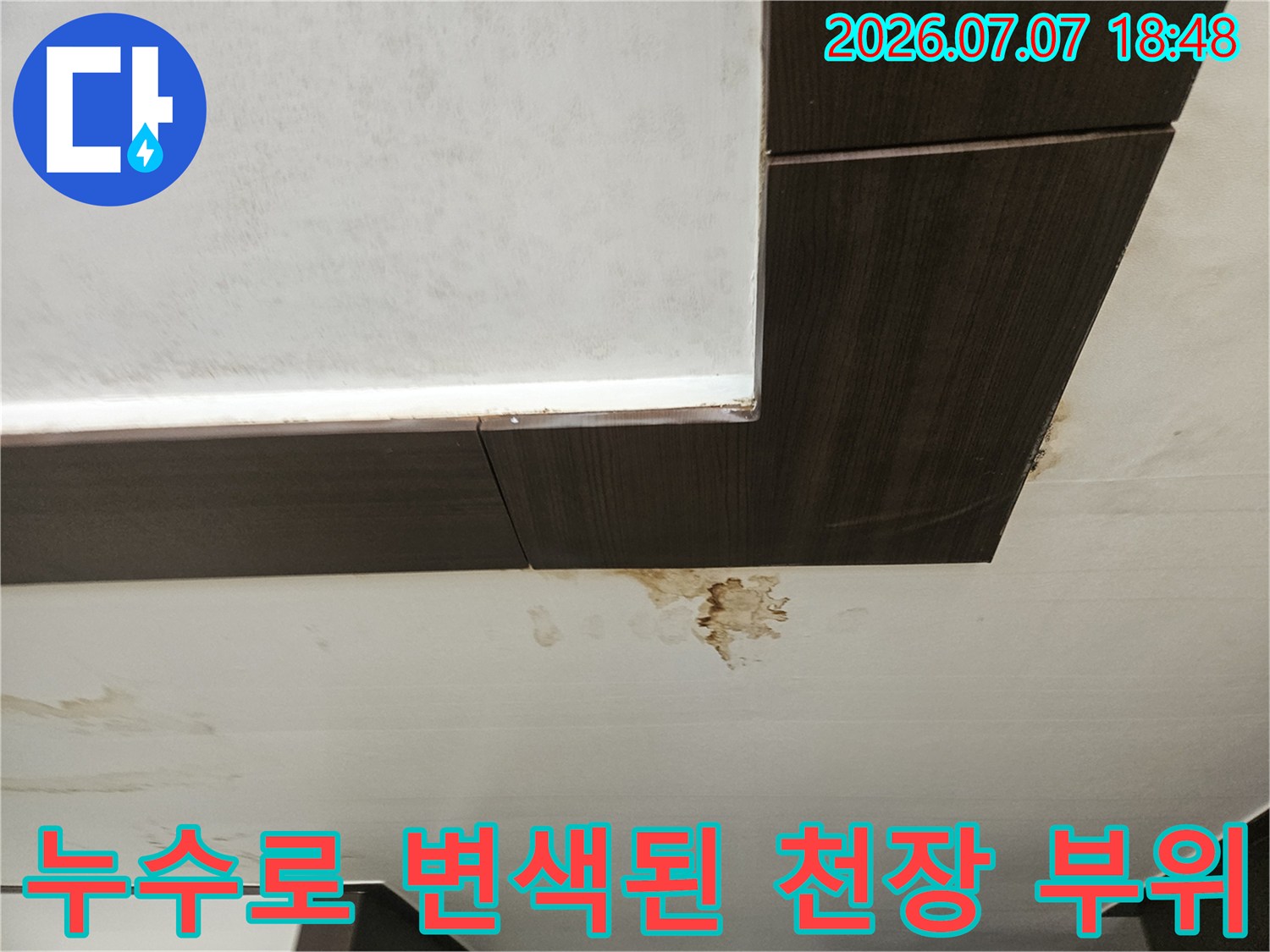 천장 마감재에 발생한 누수 오염과 습기로 인한 변색 상태
