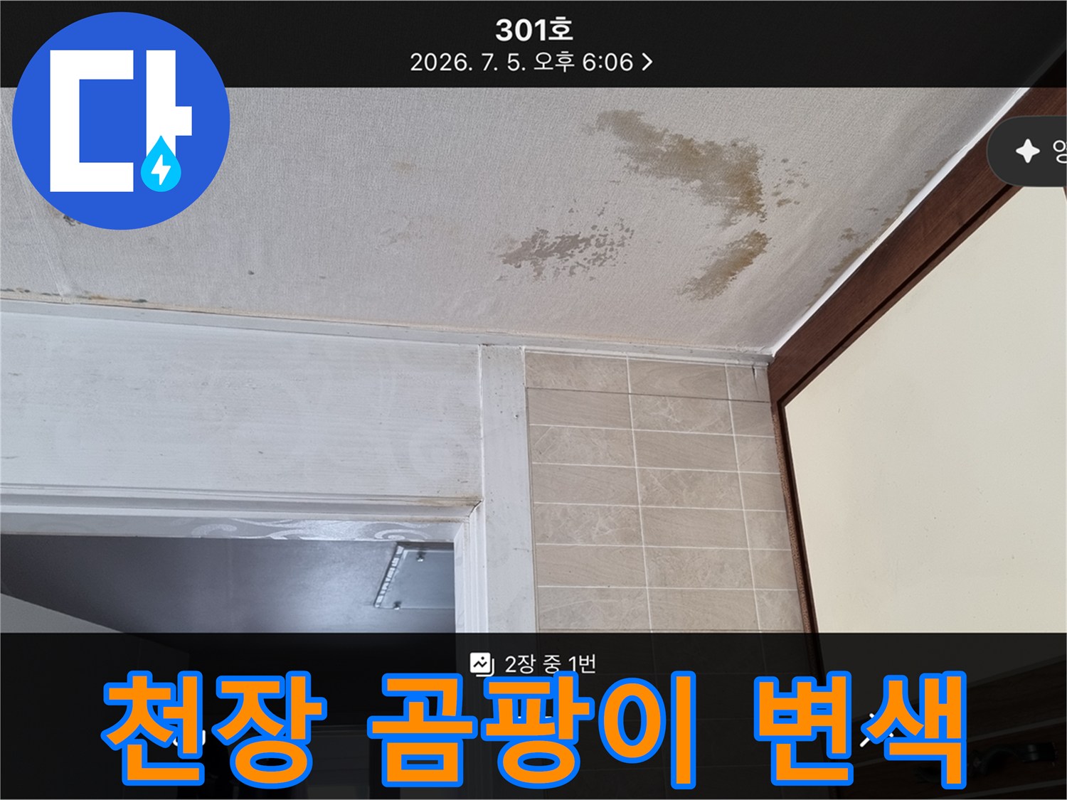 아파트 천장 부분에 발생한 곰팡이와 물자국 현상