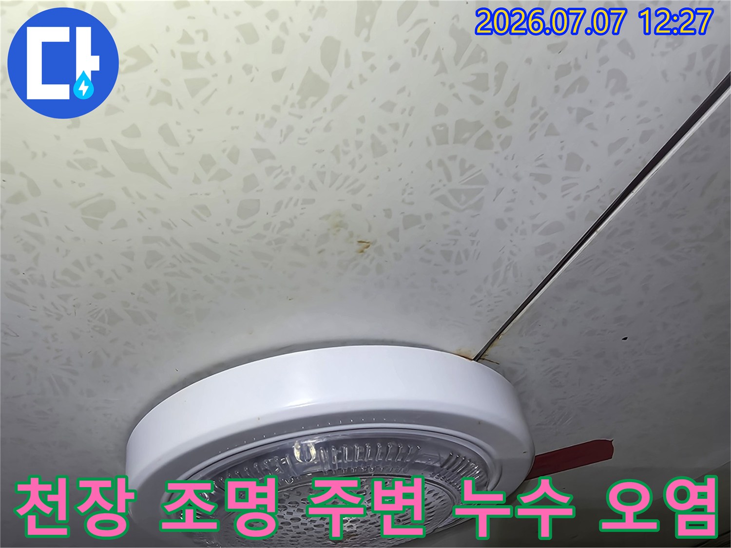 조명 장치가 설치된 천장 부근에 발생한 물 자국 및 변색 구간