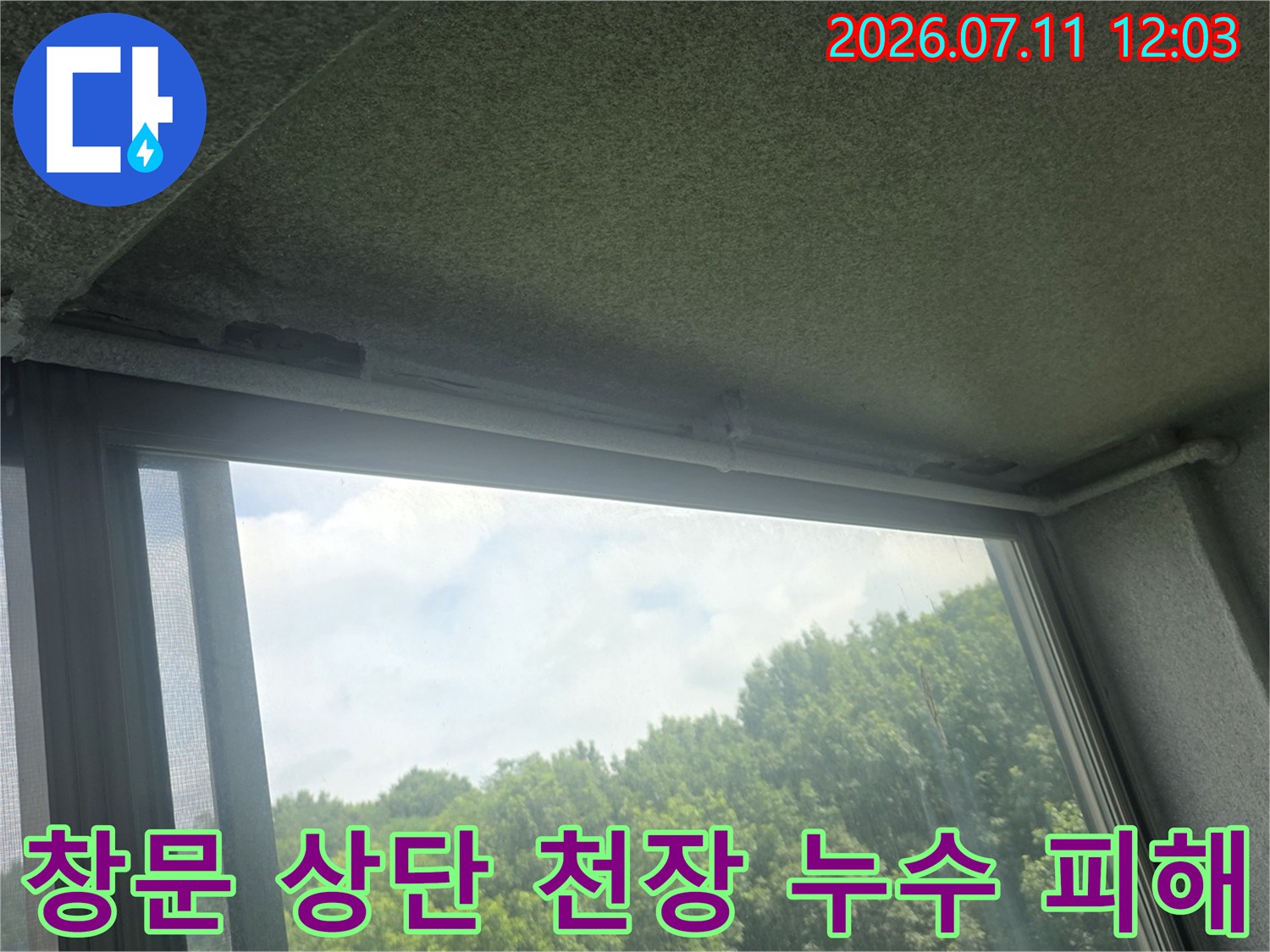 창문 위쪽 천장 마감재가 손상되고 부식된 현장 사진