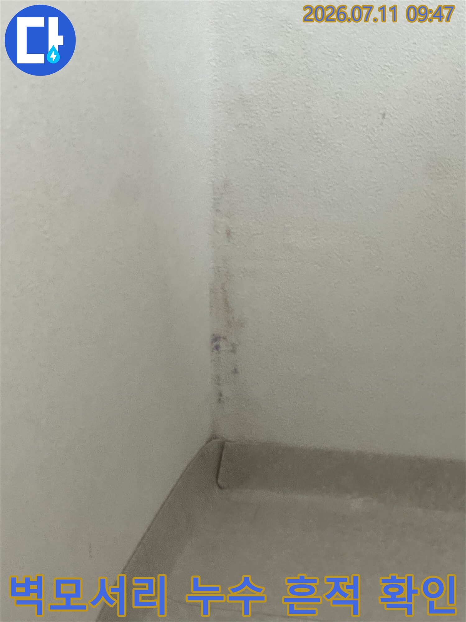 벽체 하단 모서리에 발생한 수분 침투와 변색된 누수 의심 부위