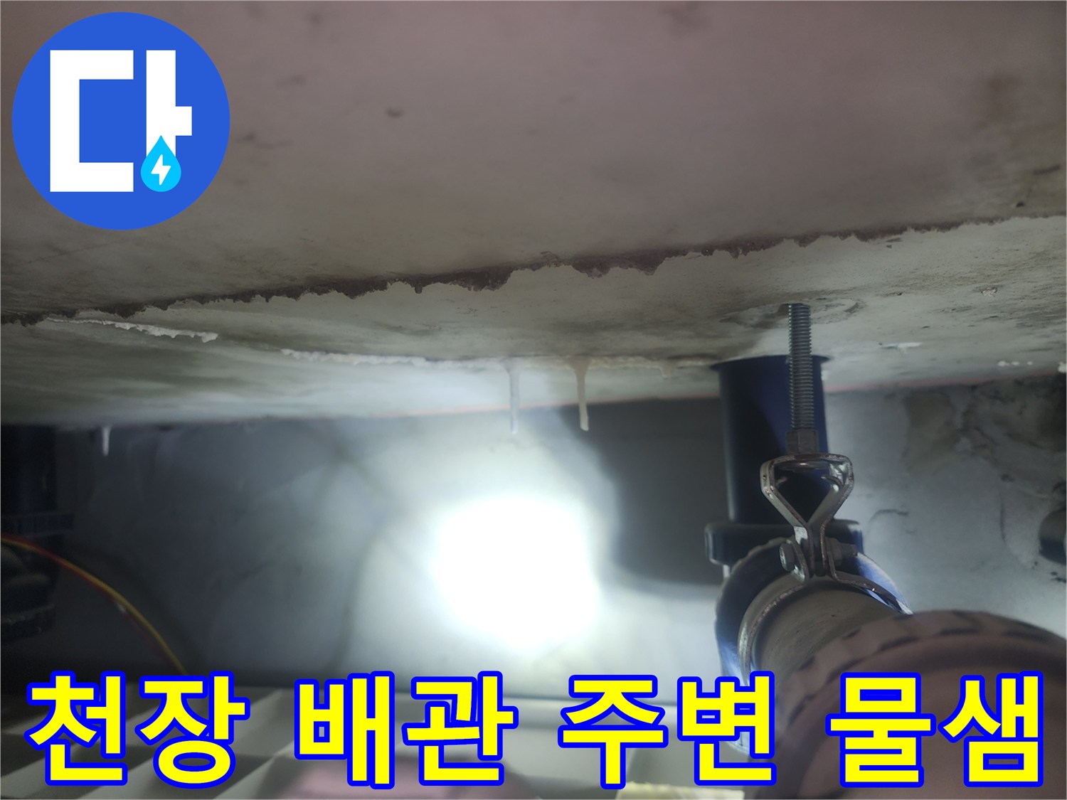 천장 슬라브의 젖은 부위와 하얀 석회물 자국