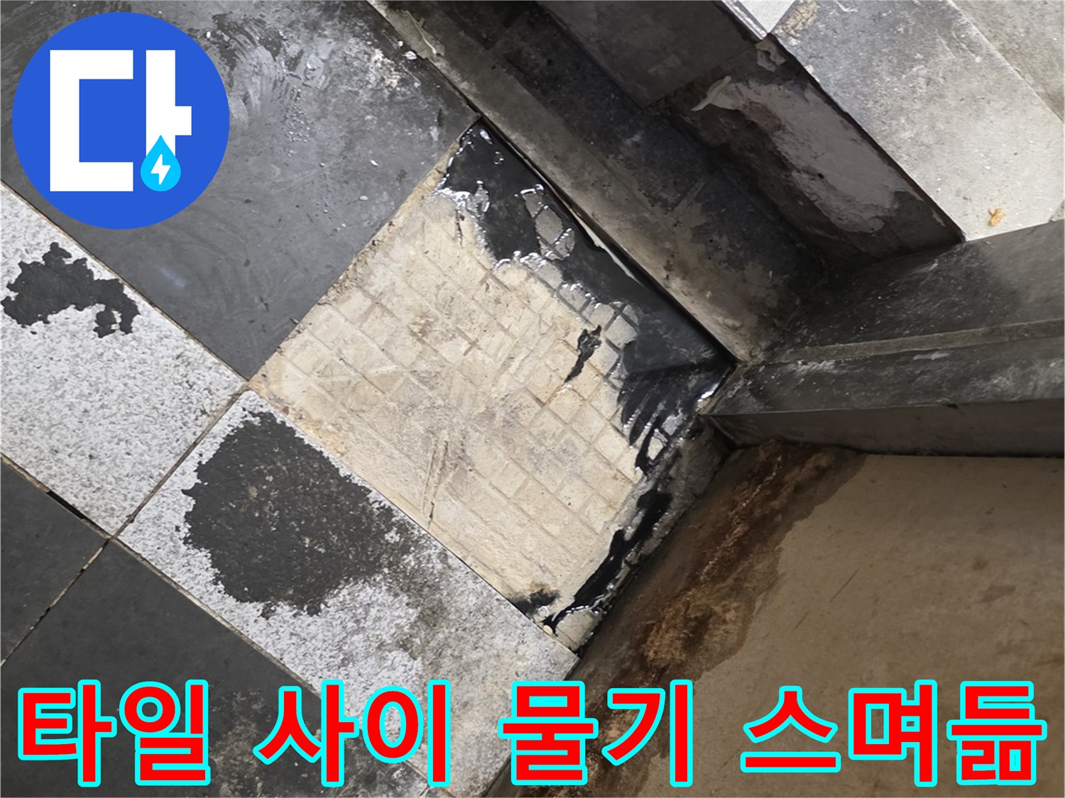 하수관 주변-물샘 현상으로 인해 젖어있는 타일 경계선