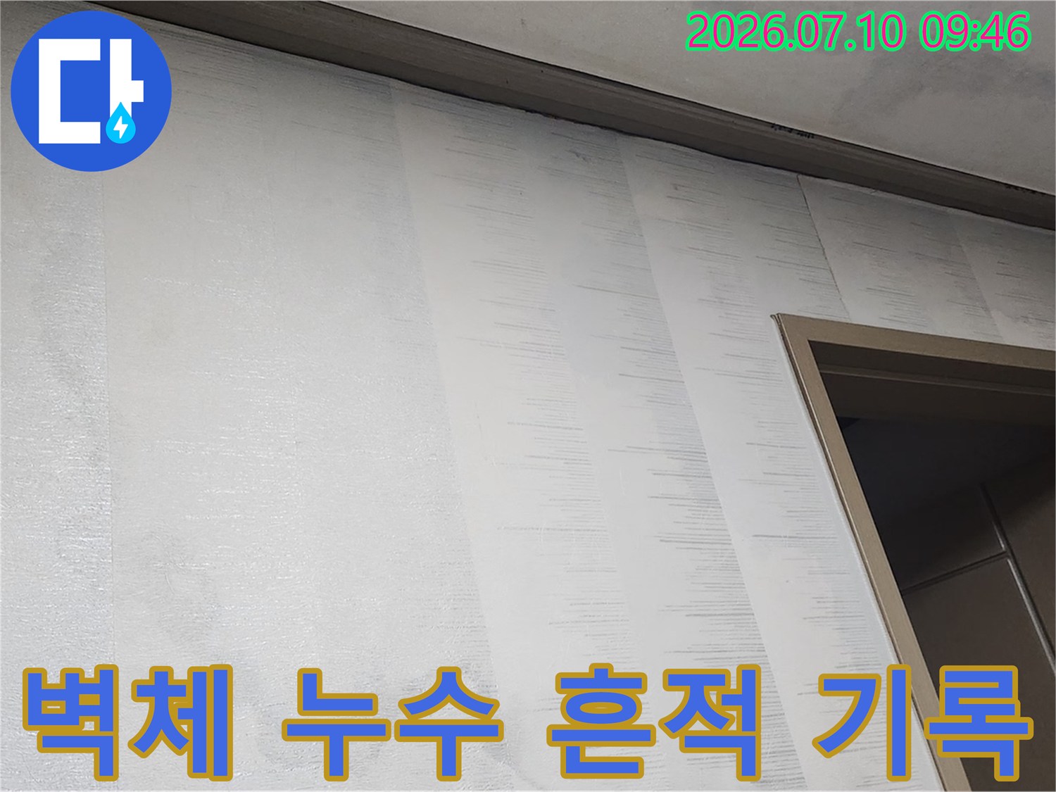 거실 벽면에 나타난 젖은 자국과 천장 경계 부위의 누수 증상