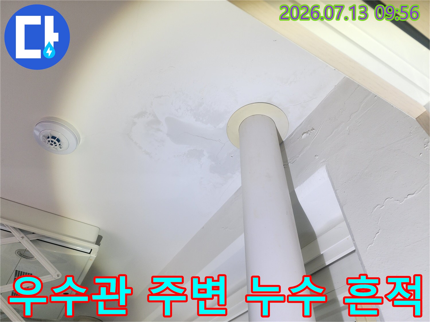 기둥과 배관 주변에 습기로 인해 변색된 천장 표면