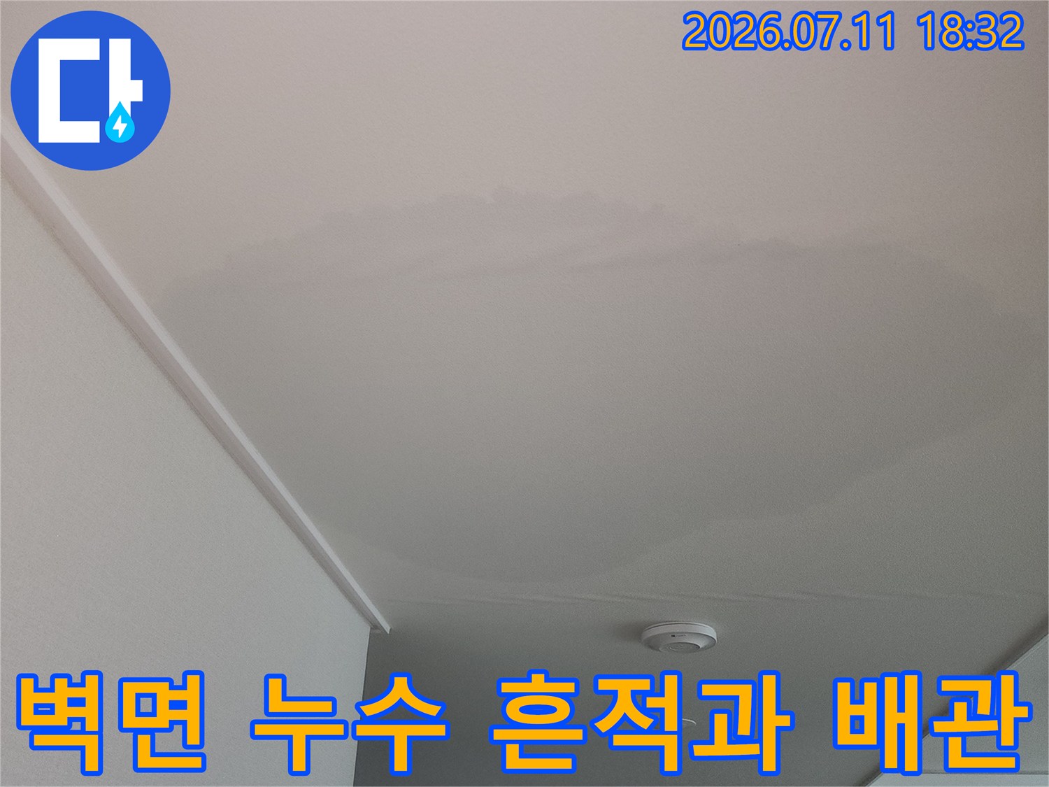 벽면에 발생한 물자국과 인접한 배관 부위의 모습