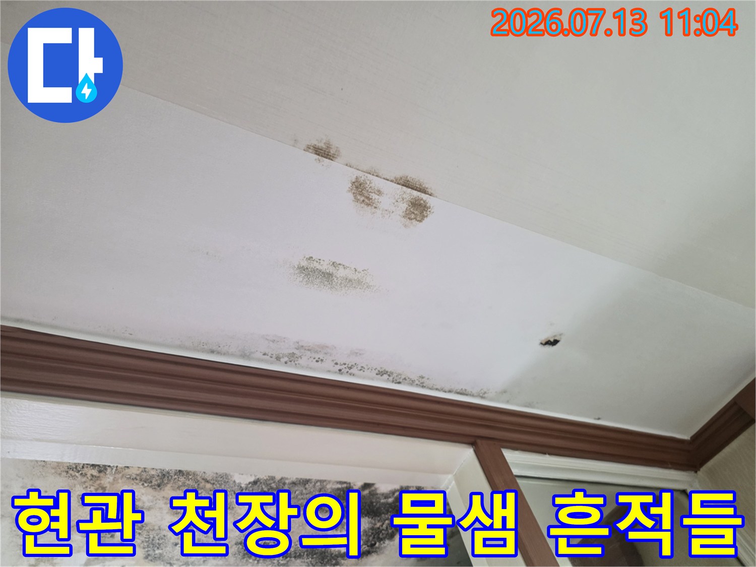 배관 노출부 주변으로 번진 곰팡이와 누수로 인한 얼룩