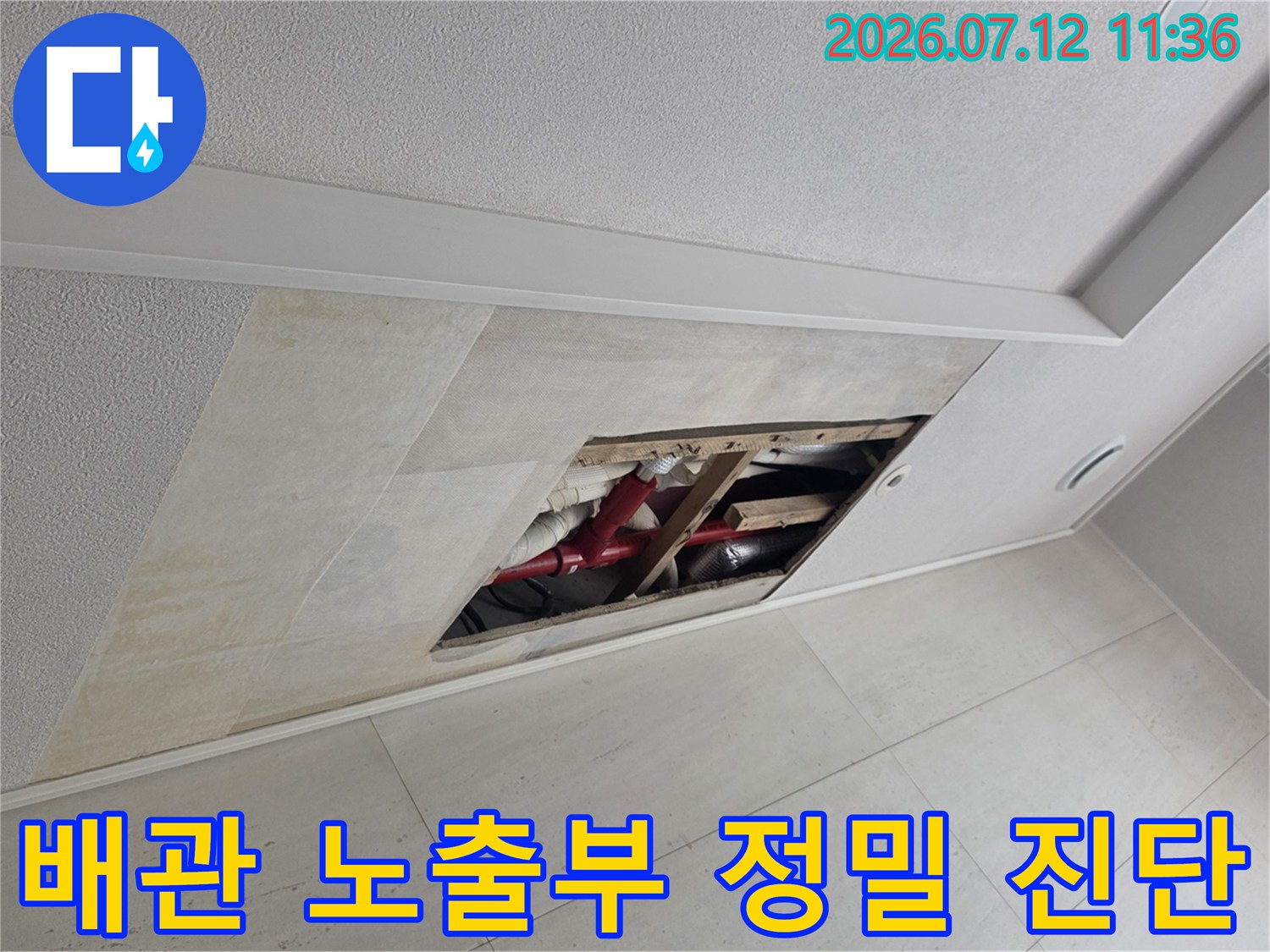 천장 점검구 내부에 위치한 붉은색 소방 배관과 주변 설비들을 면밀히 조사하는 모습