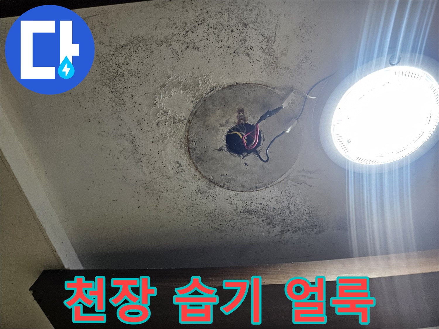 천장 매립 전선 근처의-축축한 누수 흔적과 오염된 천장면