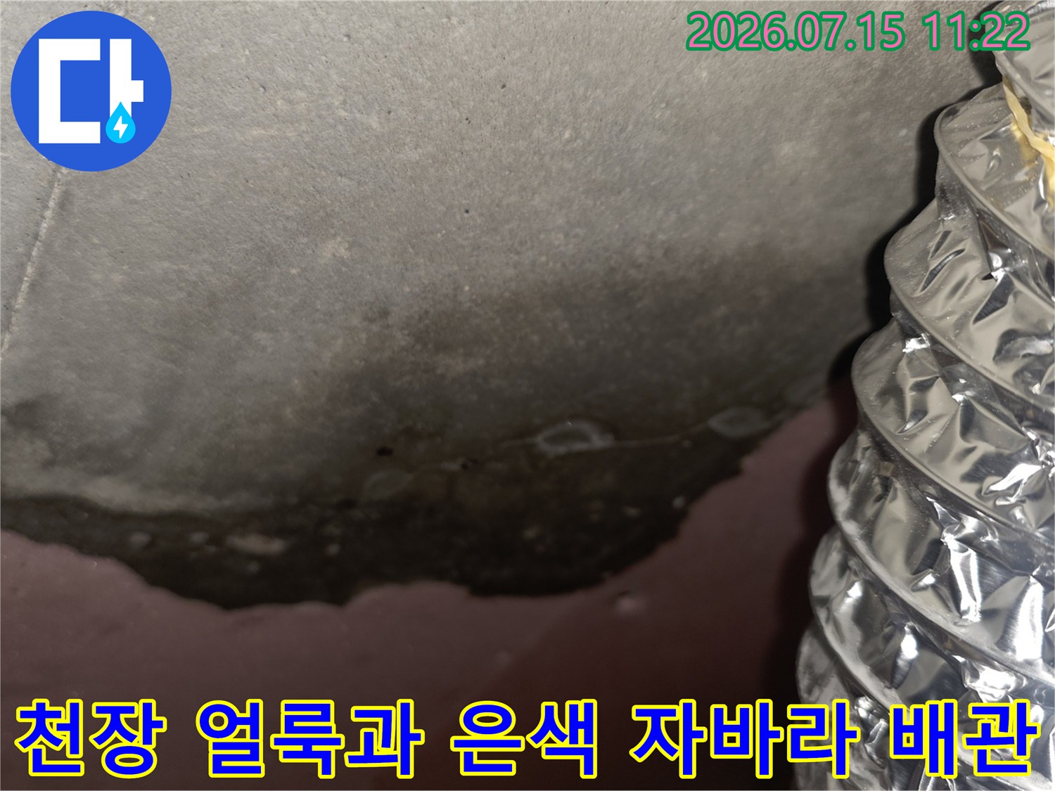 천장 콘크리트 표면에 검은색 누수 얼룩이 있고 옆에 은색 자바라 호스가 설치된 모습