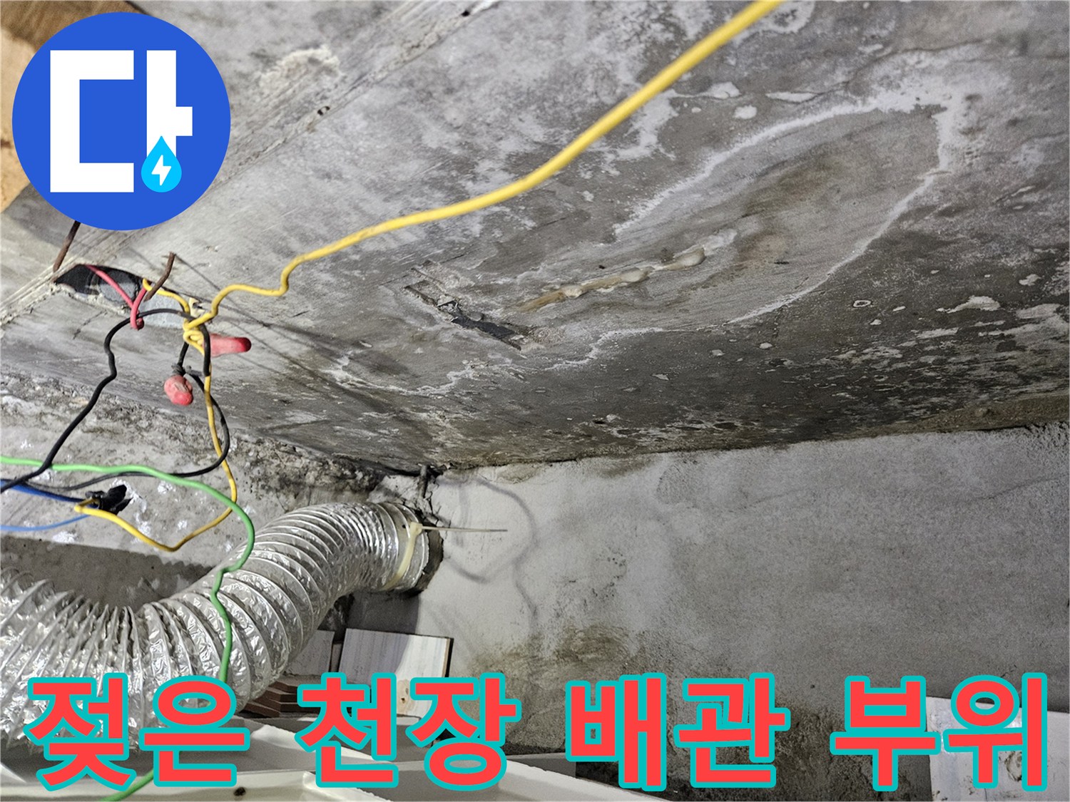콘크리트 천장 슬래브에 나타난 누수 흔적과 젖은 자국