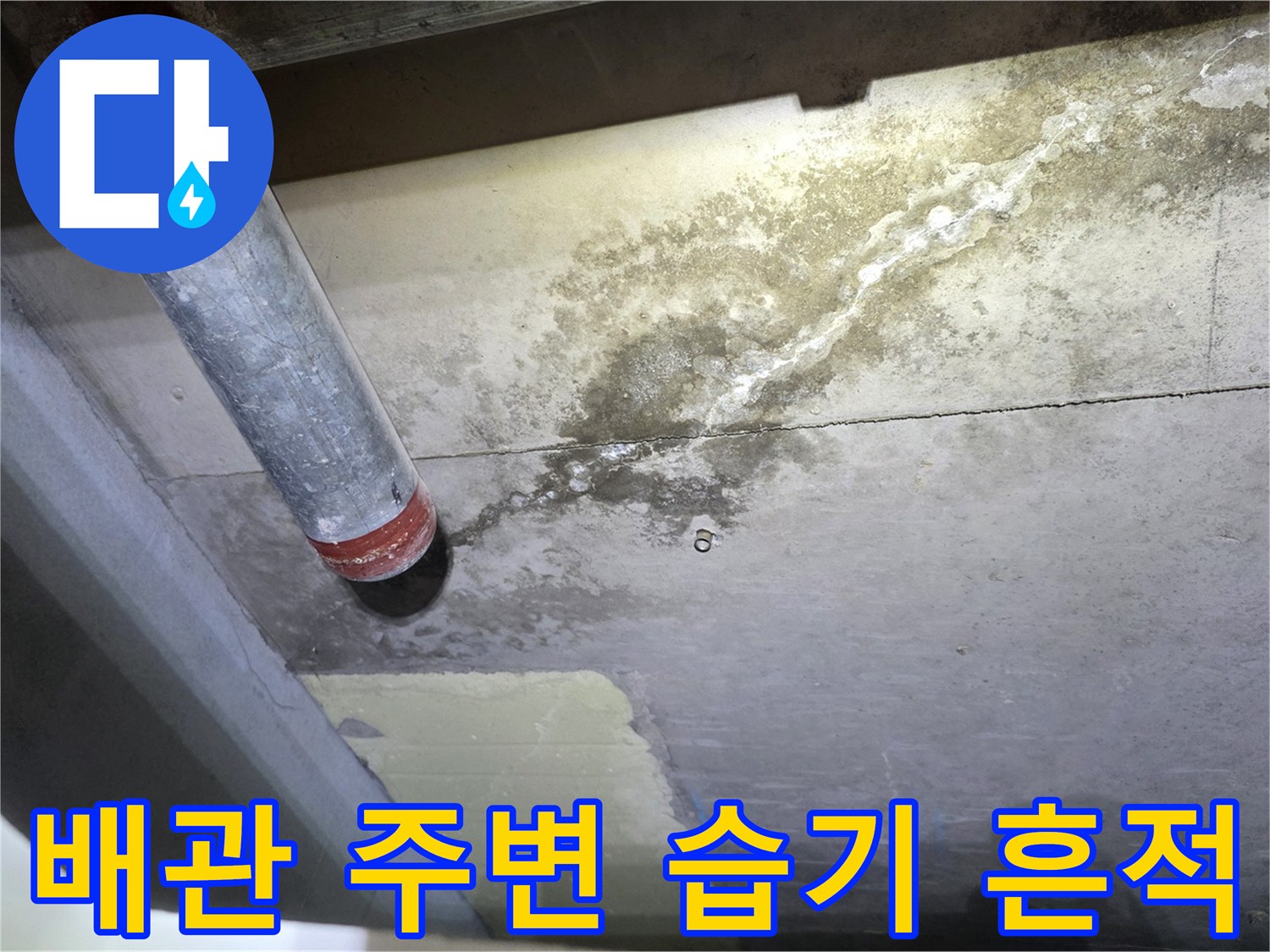 콘크리트 슬래브에 번진 누수 물길과 습기