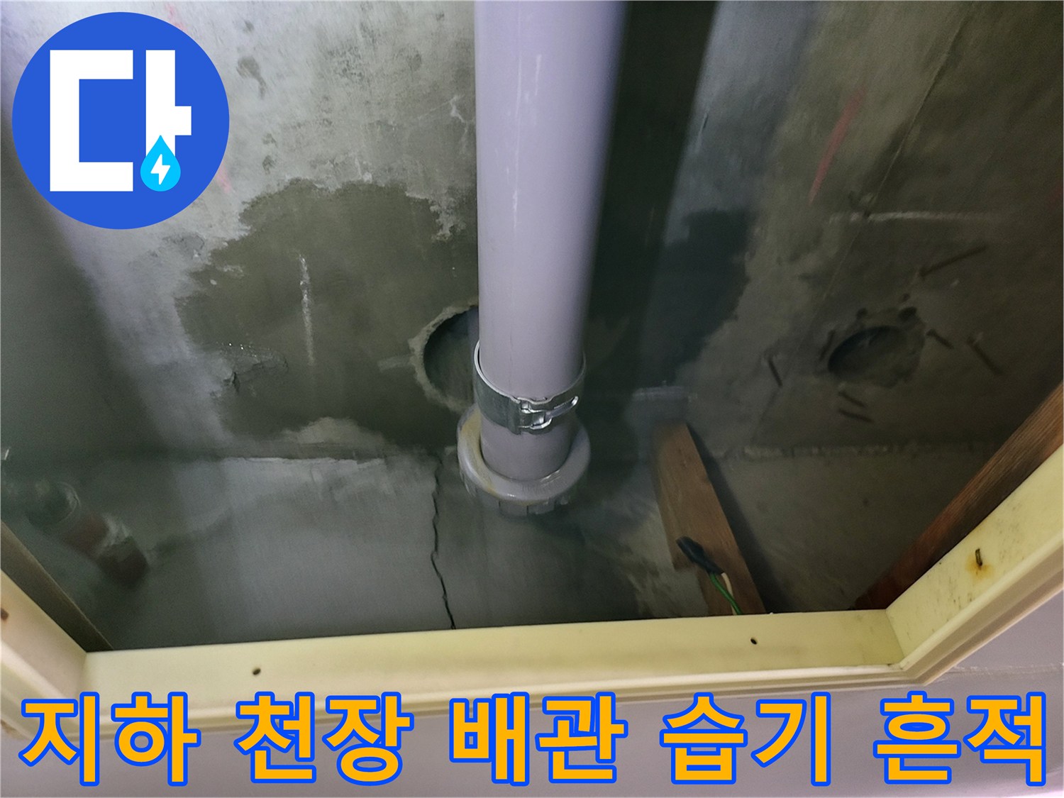 용인 기흥구 지하층 천장 배수 배관 주변의 젖은 흔적과 변색된 상태