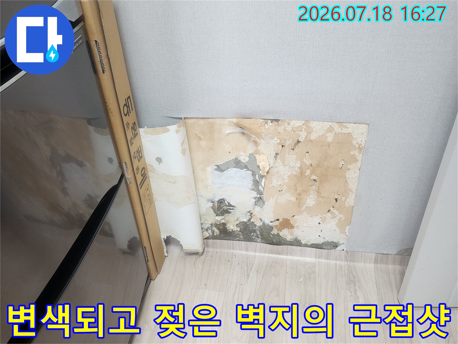 물샘 현상으로 인해 누렇게 변하고 곰팡이가 피어오른 실내 벽지-배관 결함 증거
