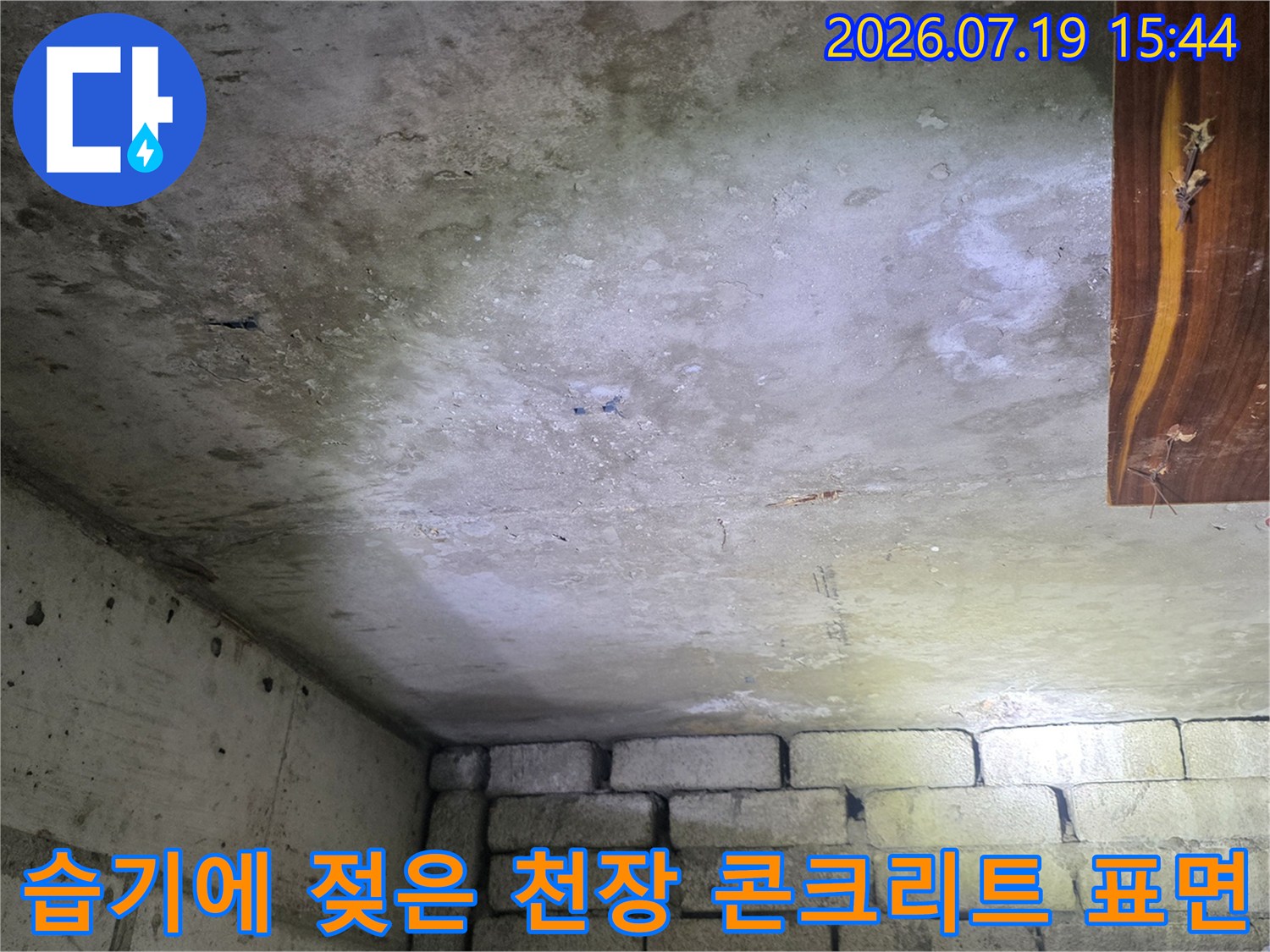 천장 슬래브에 누수로 인한 습기와 얼룩이 넓게 퍼져 있는 현장 사진