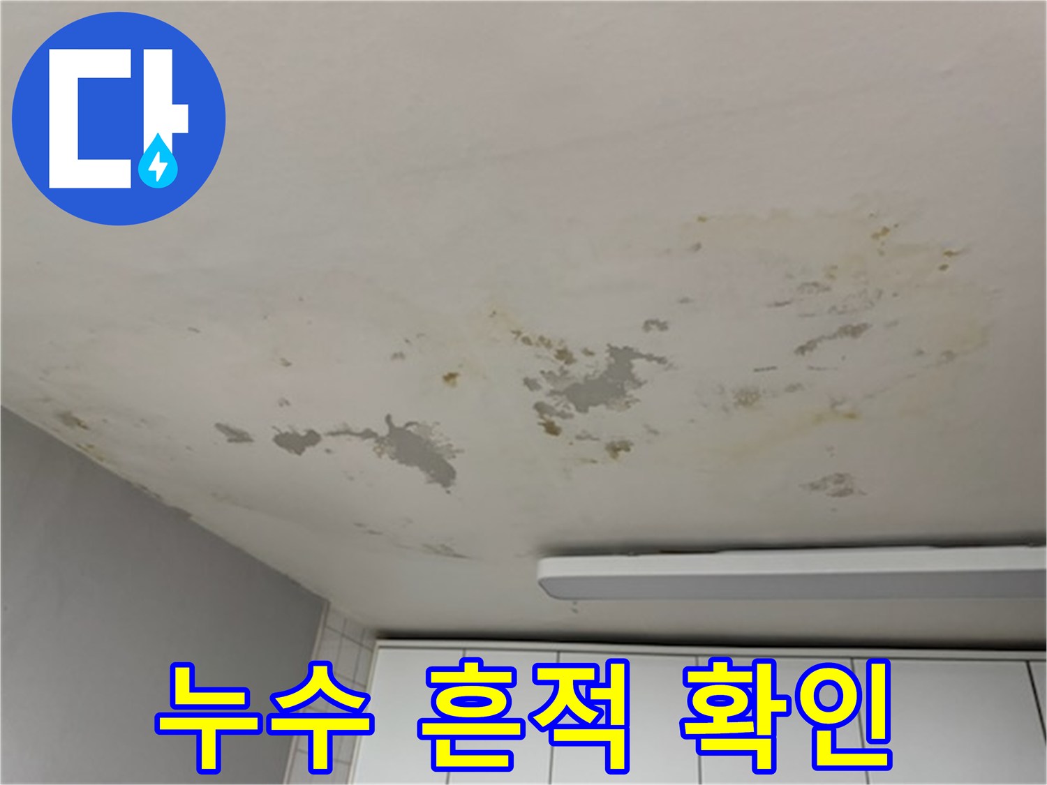 거실 천장면에 퍼져 있는 누수 오염 부위