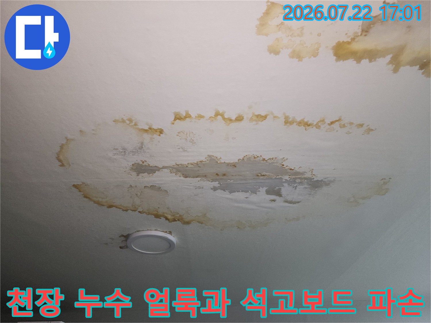 천장에 발생한 광범위한 누수 흔적과 젖어서 부풀어 오른 석고보드 모습