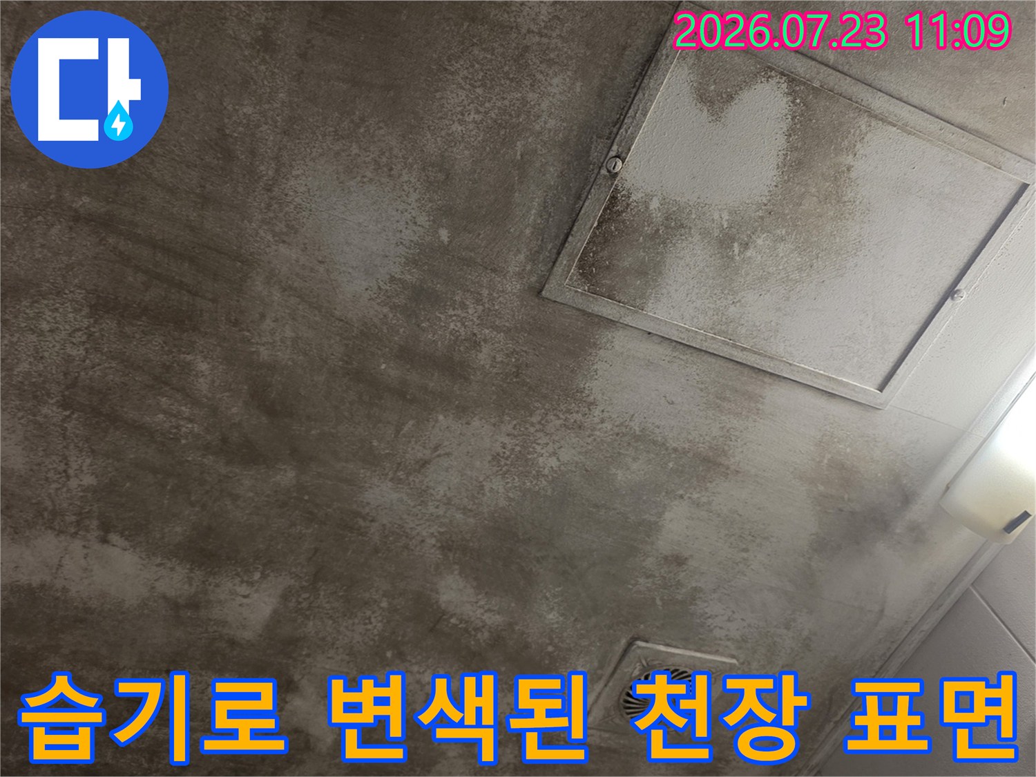 습기로 인해 얼룩덜룩하게 변한 콘크리트 천장과 환풍기 및 점검구 모습