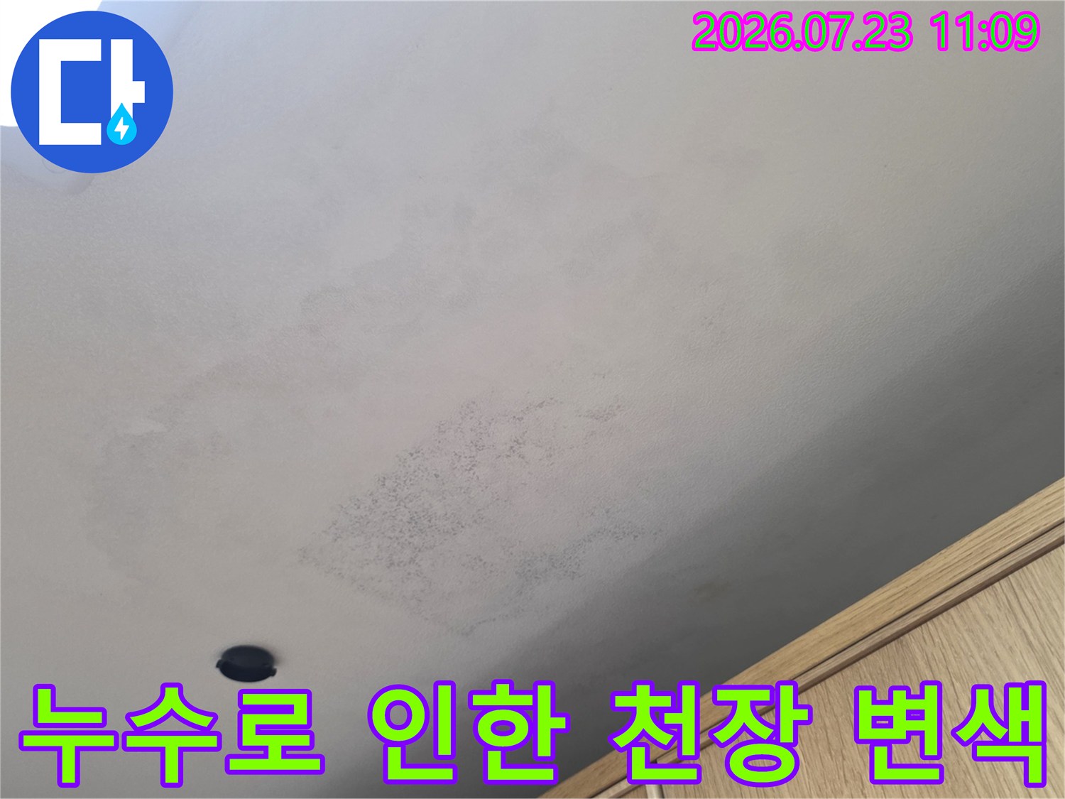 천장-표면에-퍼진-황색-누수-얼룩과-곰팡이-흔적
