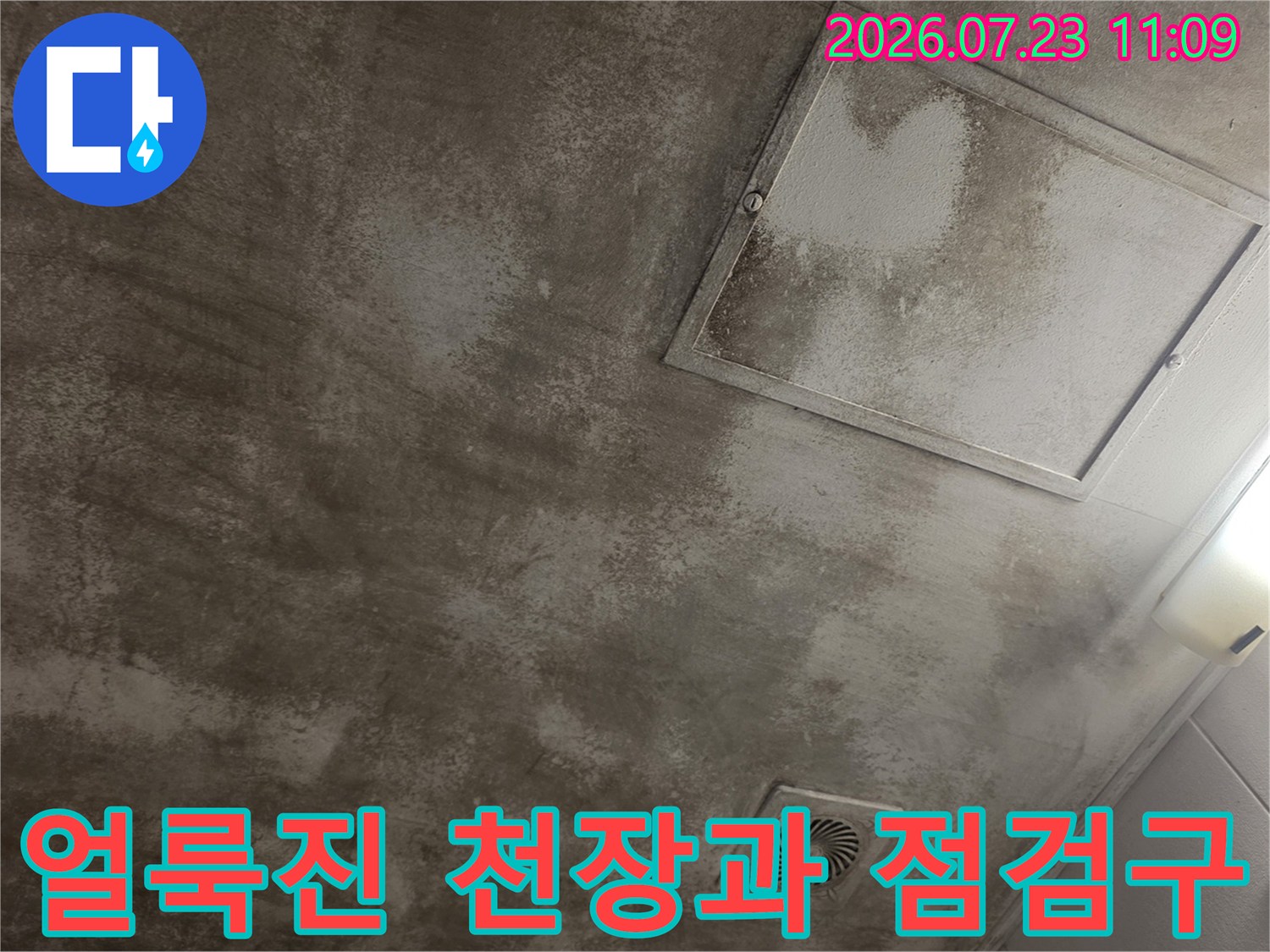 회색빛 천장에 누수로 인한 짙은 물 얼룩이 퍼져 있고 사각형 점검구가 설치된 모습