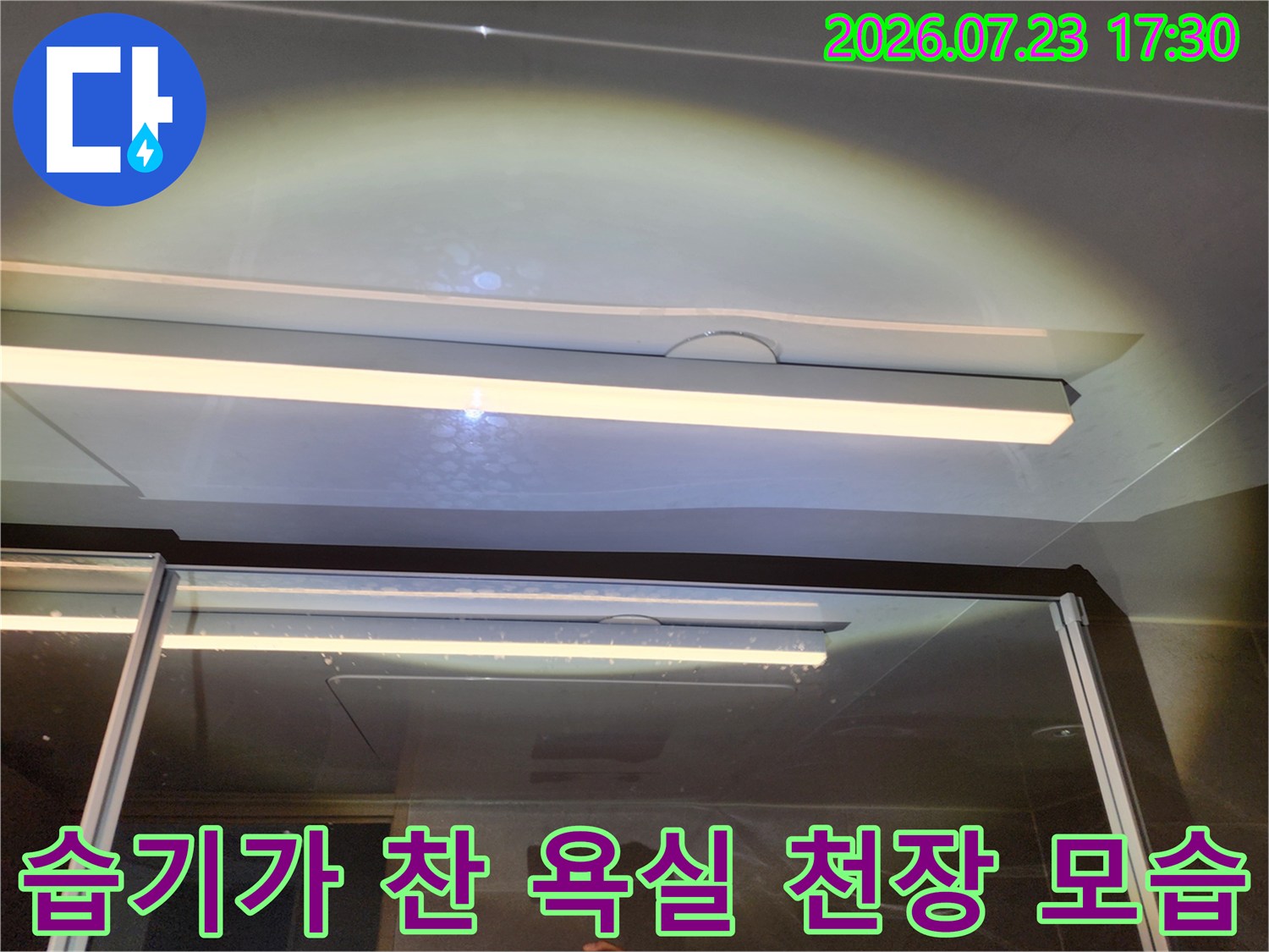 욕실-천장의-조명-부분에-물이-고여-얼룩이-진-상태의-사진