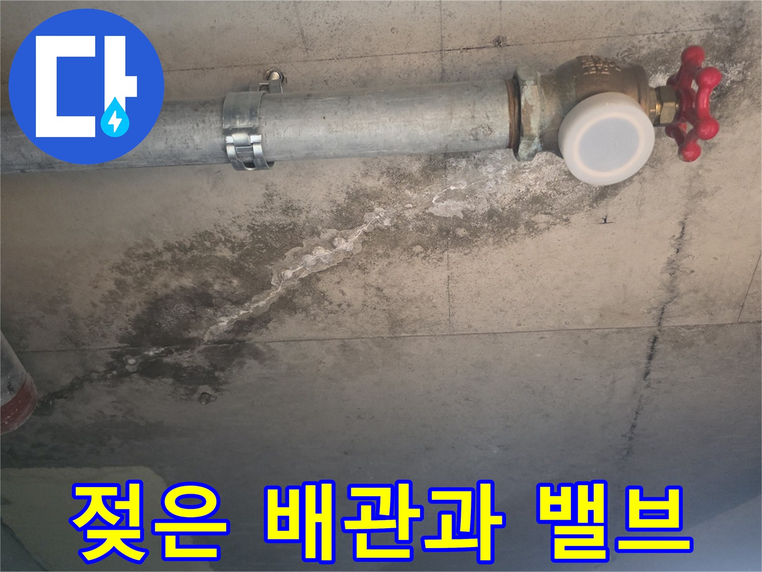 수도 밸브와 배관의 젖은 상태를 촬영한 사진