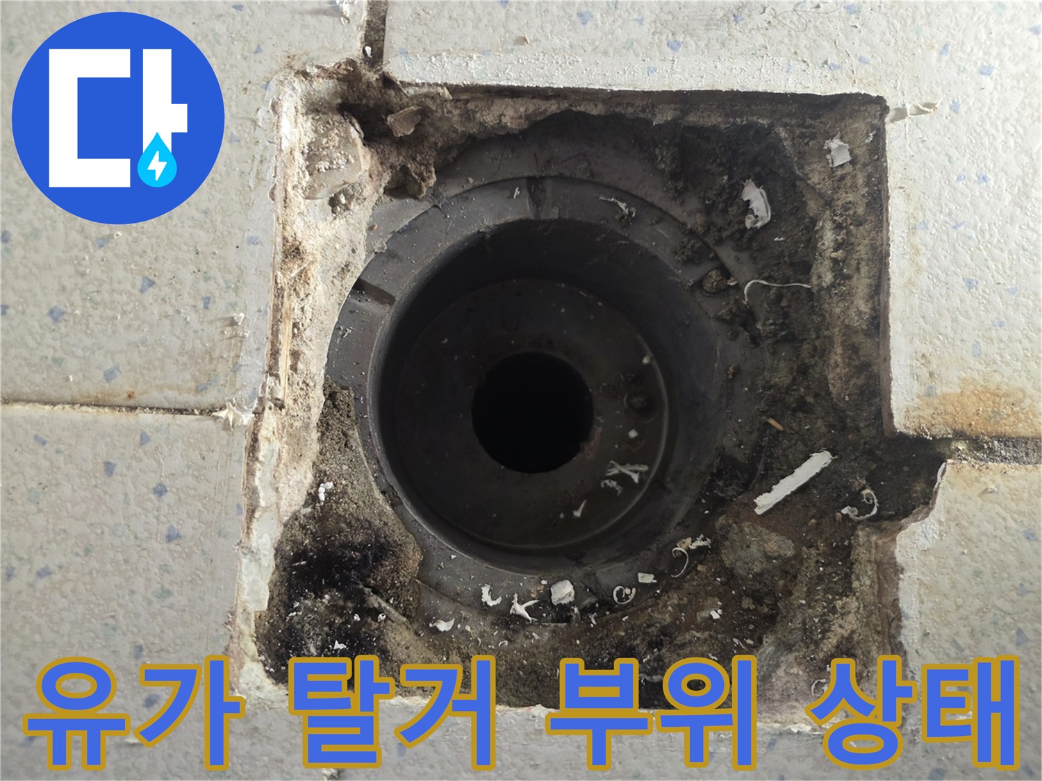 배수구 주변 타일 틈새의 오염된 모습