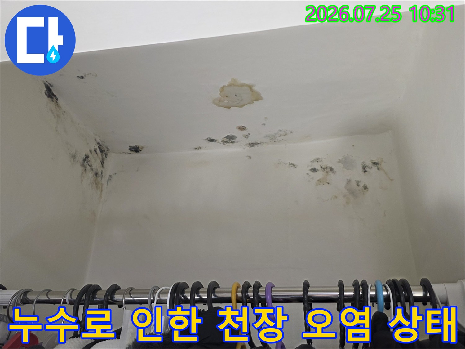 물샘 현상으로 인해 변색된 흰색 천장-면과 벽면의 곰팡이 오염부위