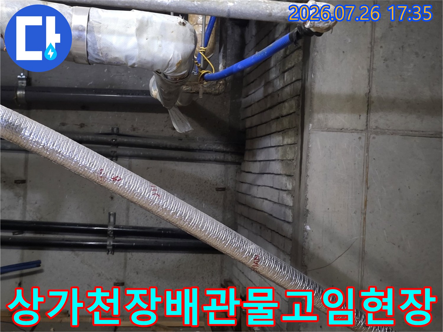 상가 건물 내부-천장 슬래브 아래로 복잡하게 얽힌 배관들과 물이 고여 있는 모습